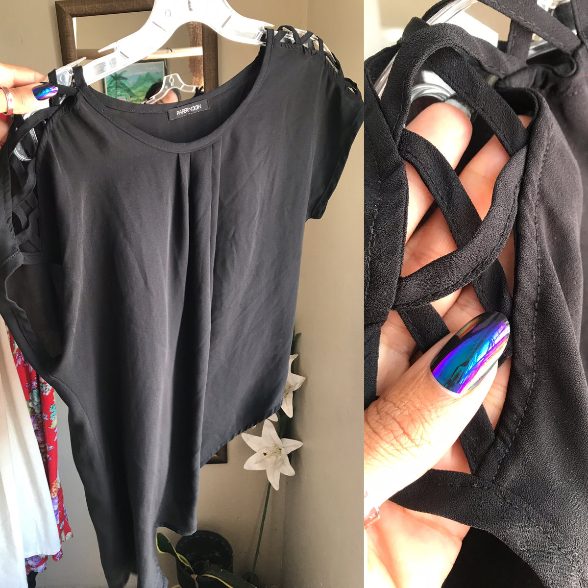 black sheer top work/play criss cross sleeve detail ...m to L