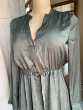 Load image into Gallery viewer, Olive metallic green shirt dress says Xs/
