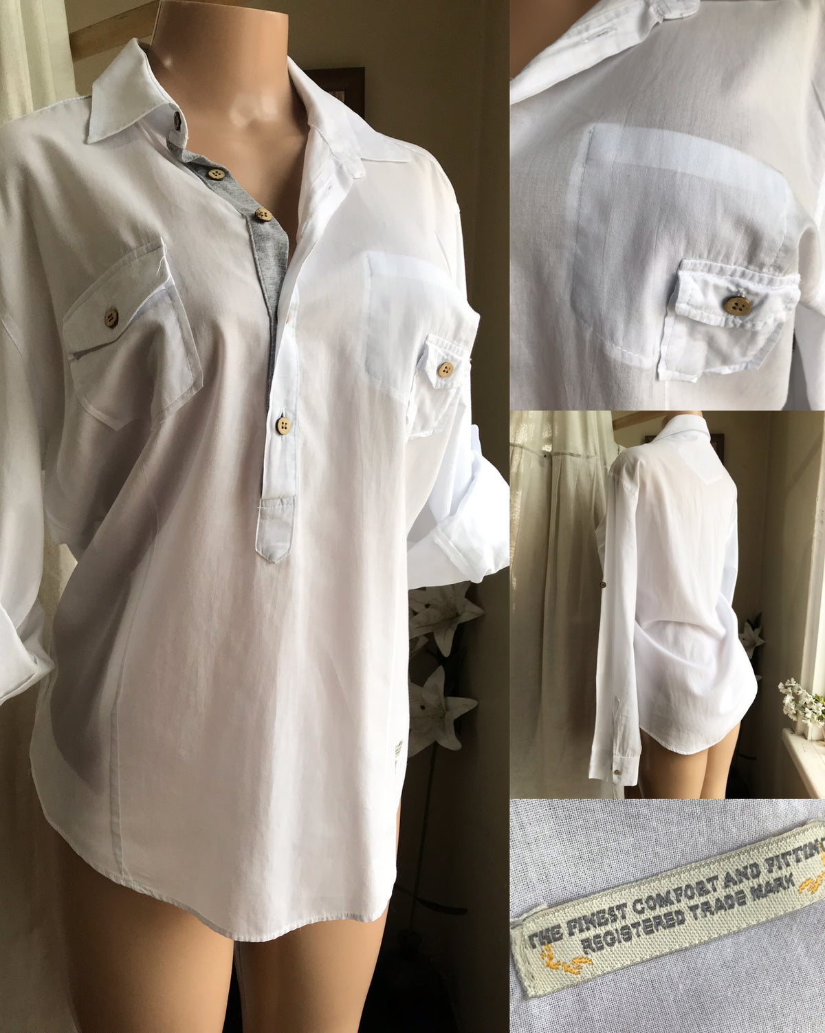 retro off white cotton cuffed shirt blouse ... plus /xl ,,,