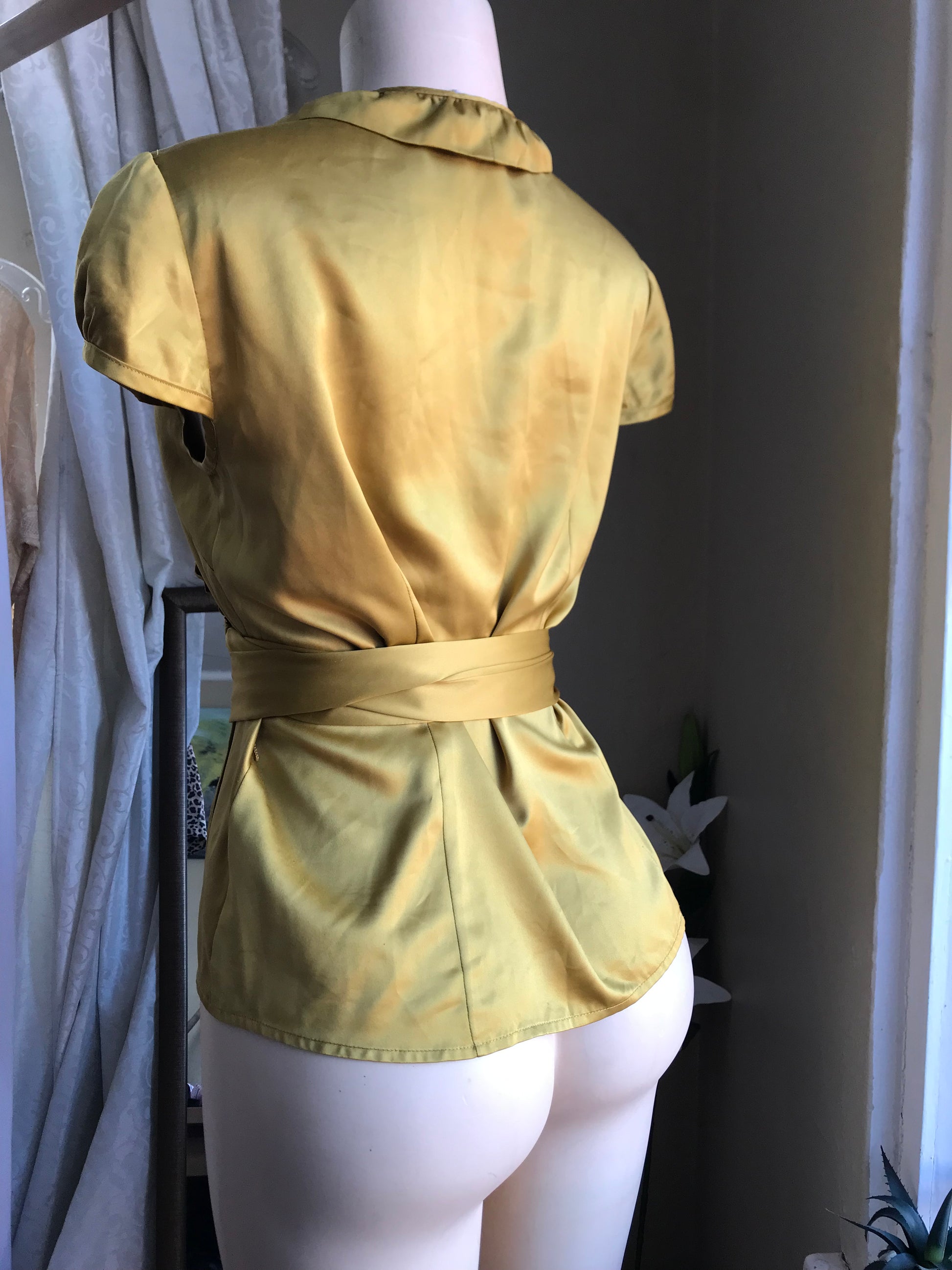 Ann Taylor gold silky professional wrap blouse frill... M