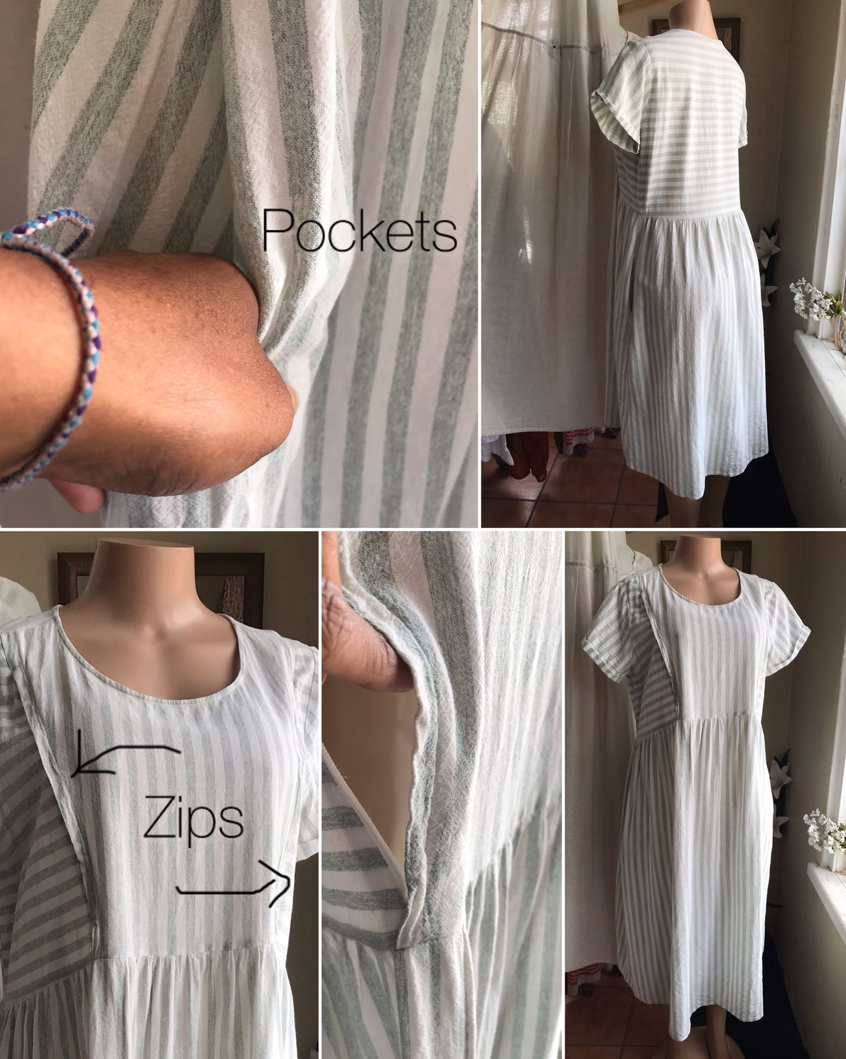 organic stripe midi dress with pockets and bust zip detail ,,, m