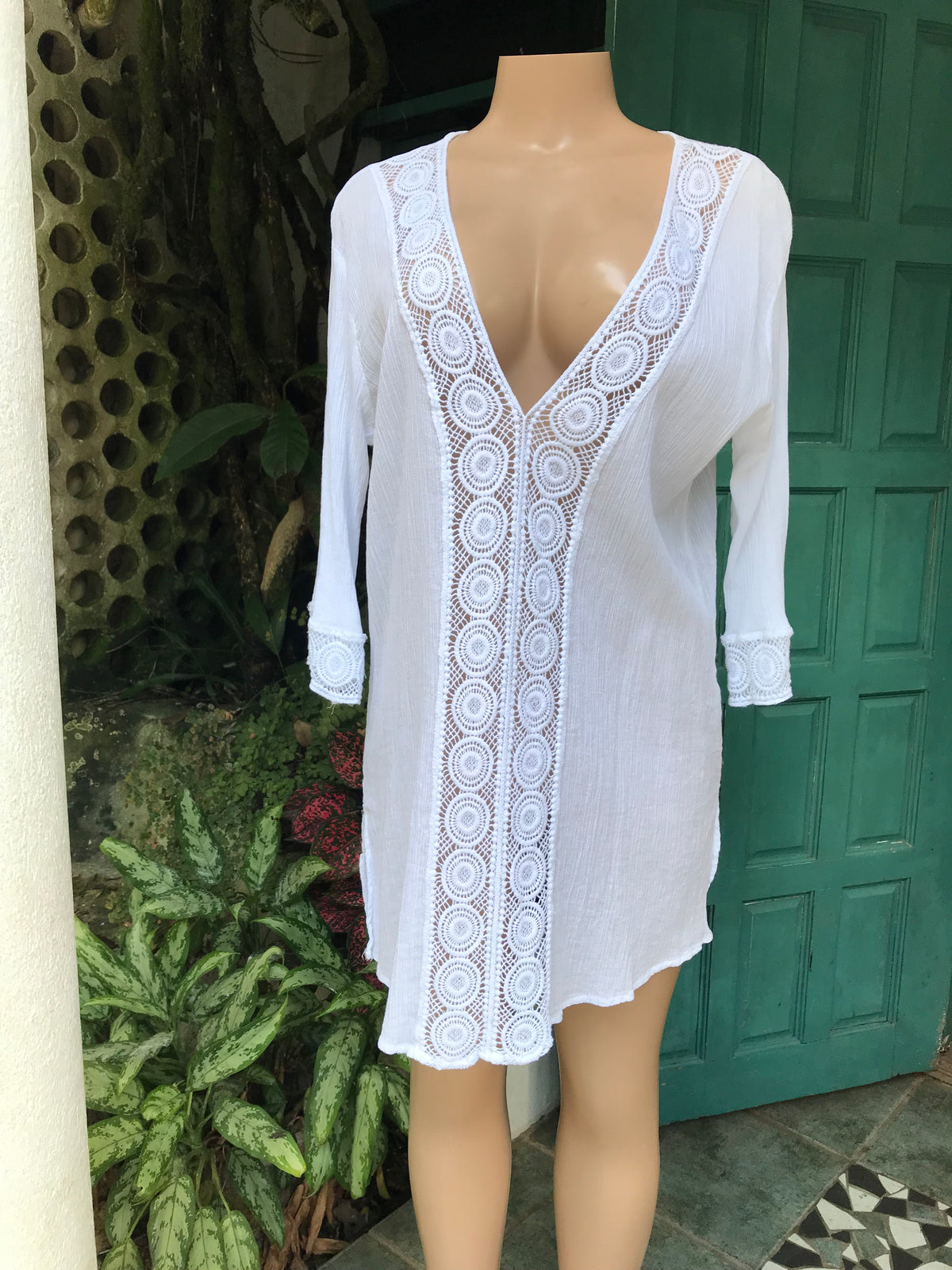 white crinkle blouse dress organic embroidery crochet