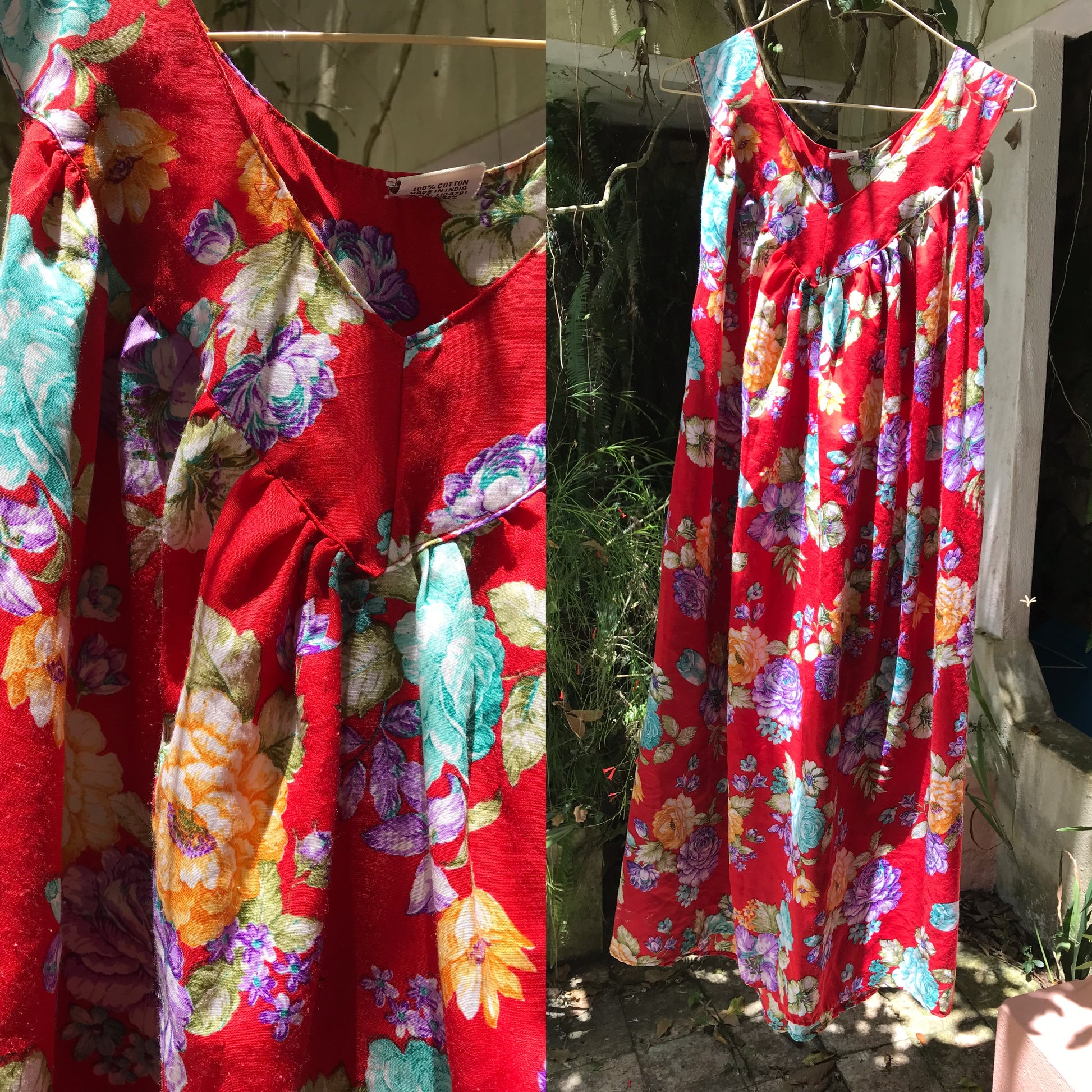 100% Cotton vintage red floral maxi garden dress with pockets,,, one size /XL ^^^