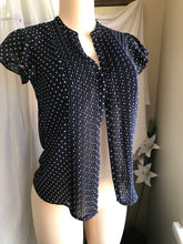 Load image into Gallery viewer, navy sheer polka button short sleeve professional blouse ... s
