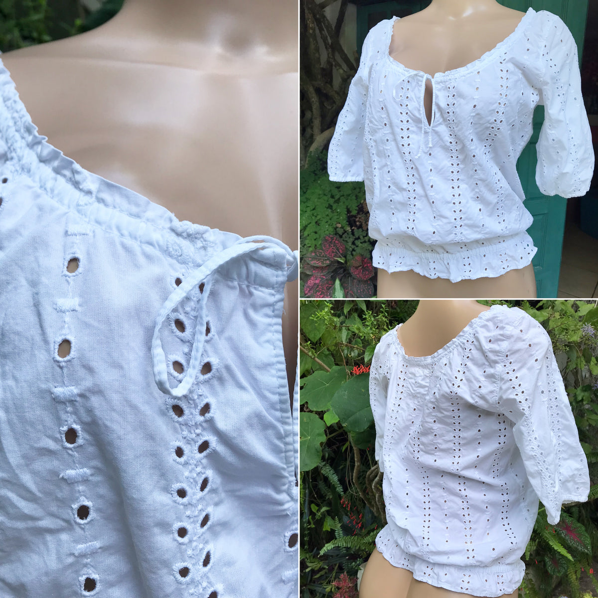 Hollister white cotton eyelet top mid sleeve ... m