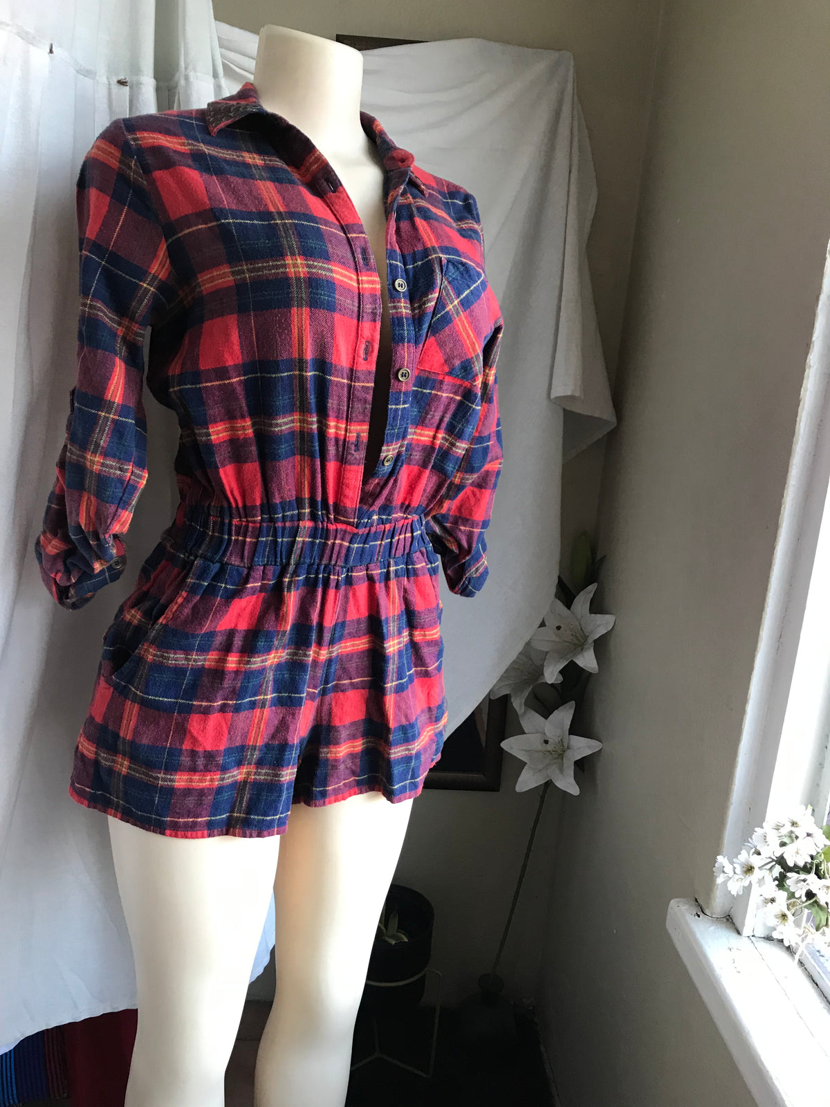 Red plaid button romper s