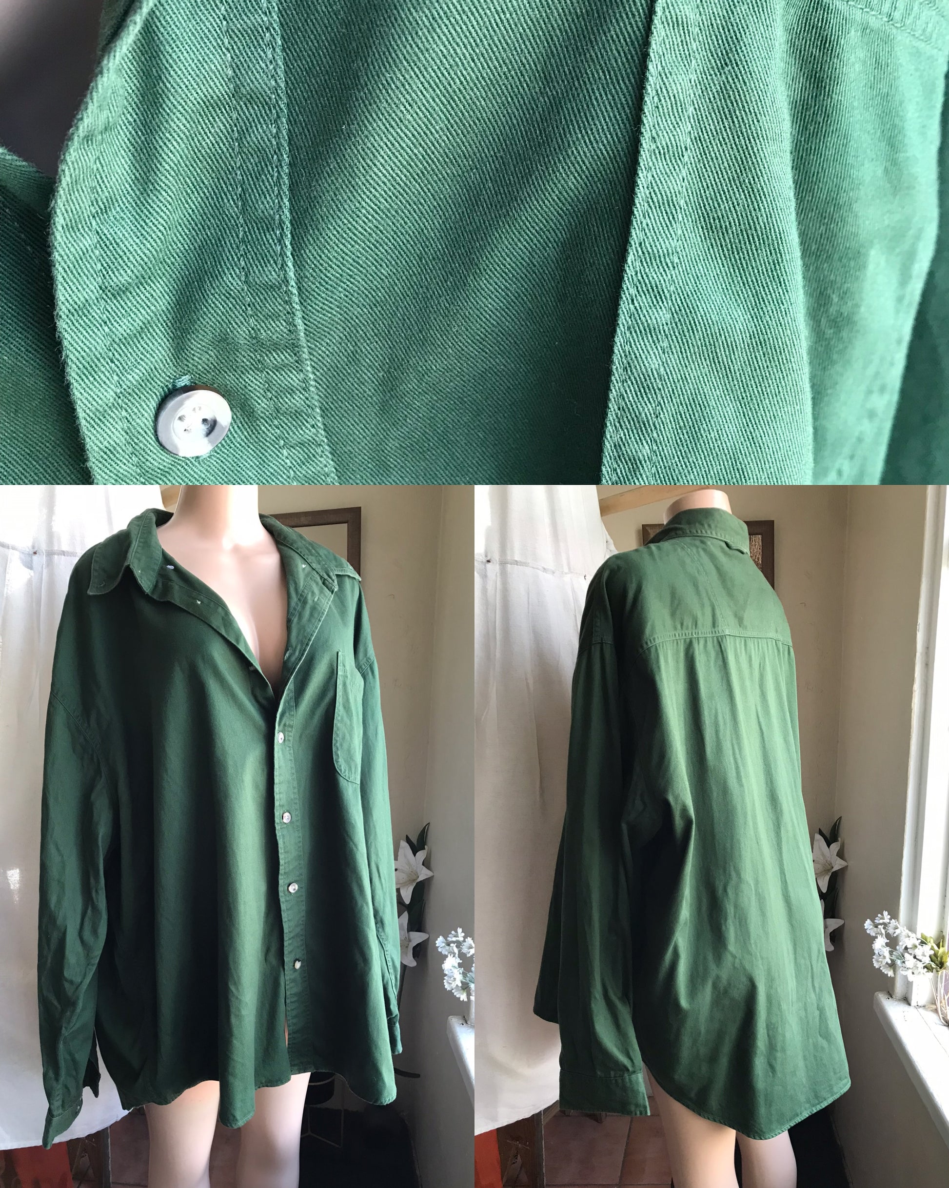 army green mens denim shirt ,,, 100% cotton ... plus 3X >>>