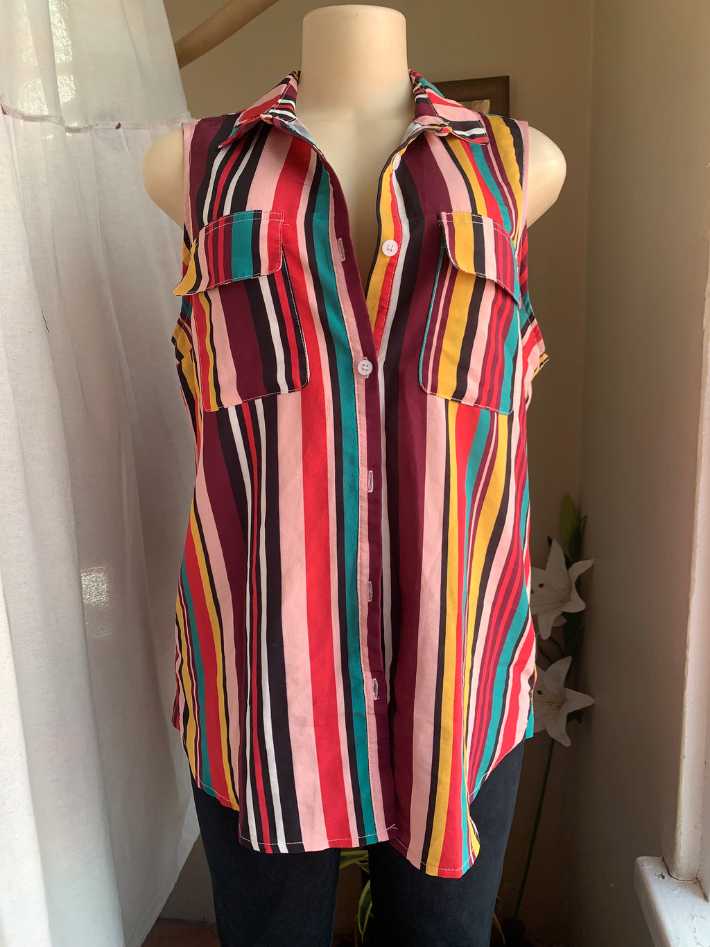 candy stripe sleeveless button blouse ... /xl