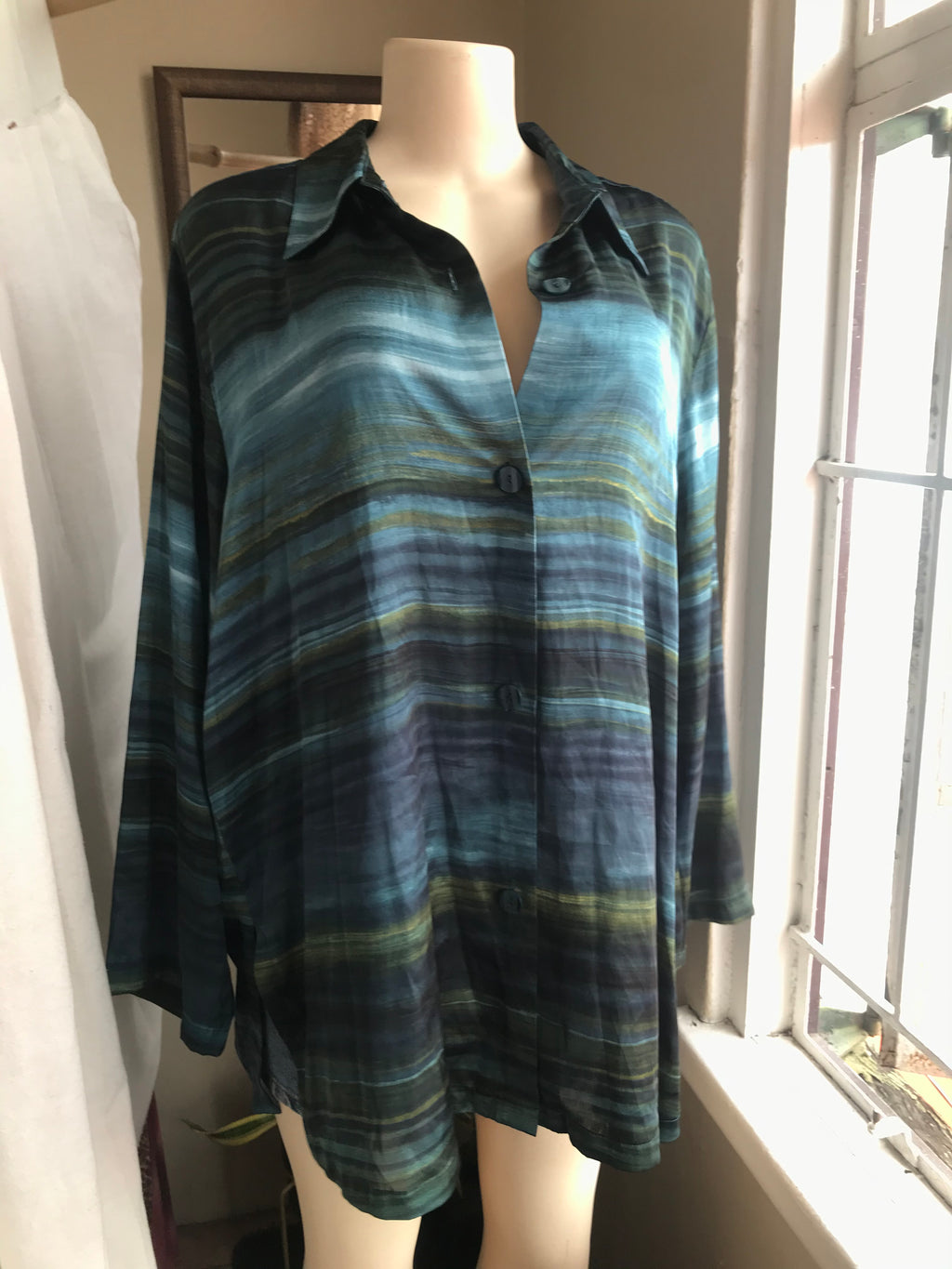 emerald green Satin vintage button shirt … /XL