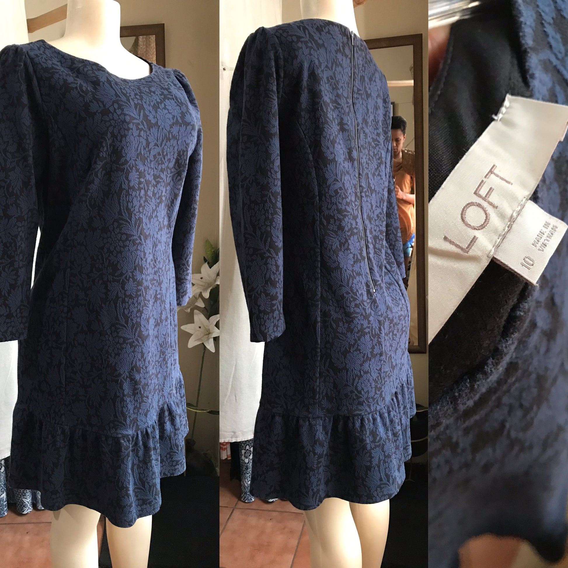 Ann Taylor navy print long sleeve professional dress M to L / size 10