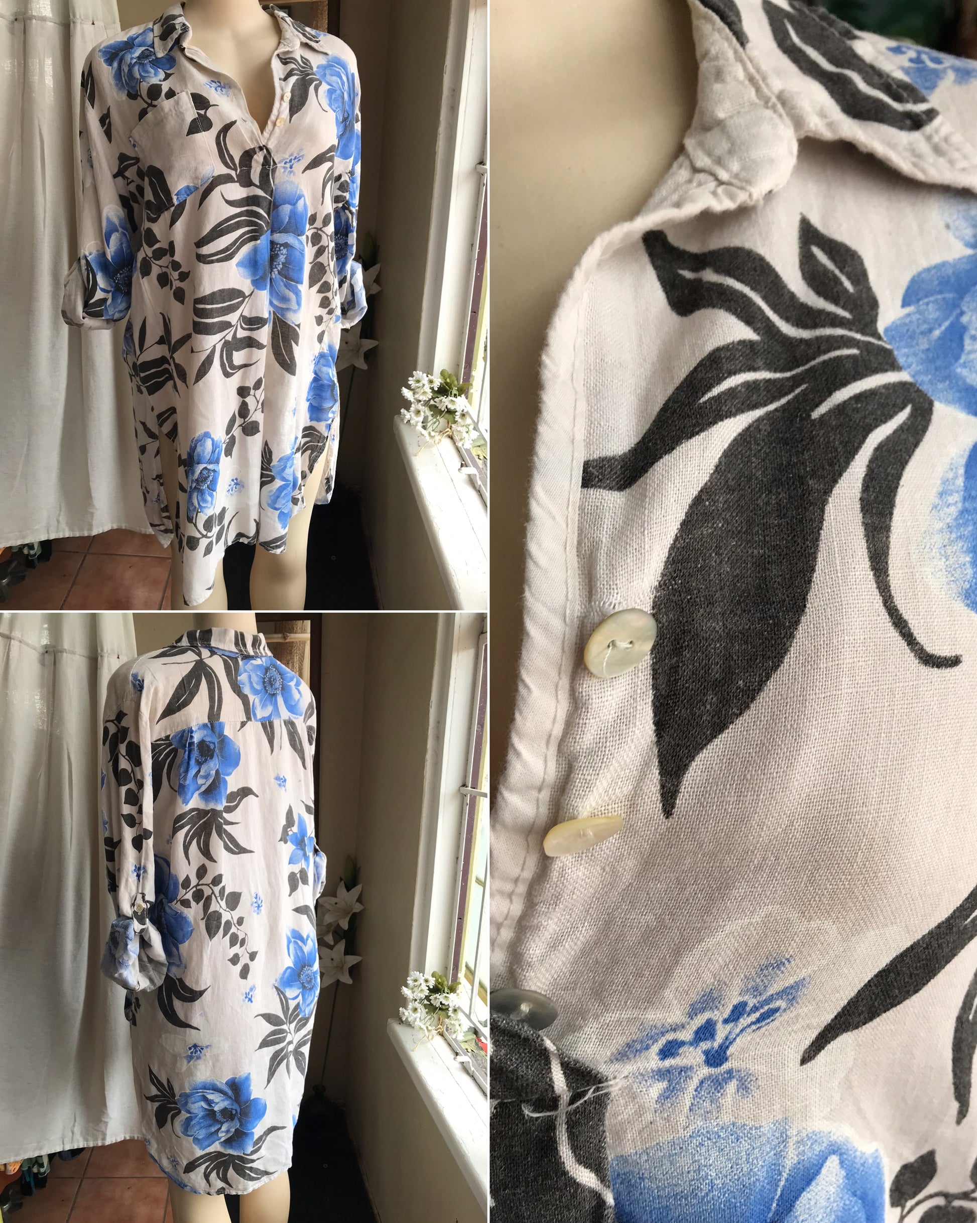 vintage white linen blue floral shirt dress Cuffed ,,, M/L