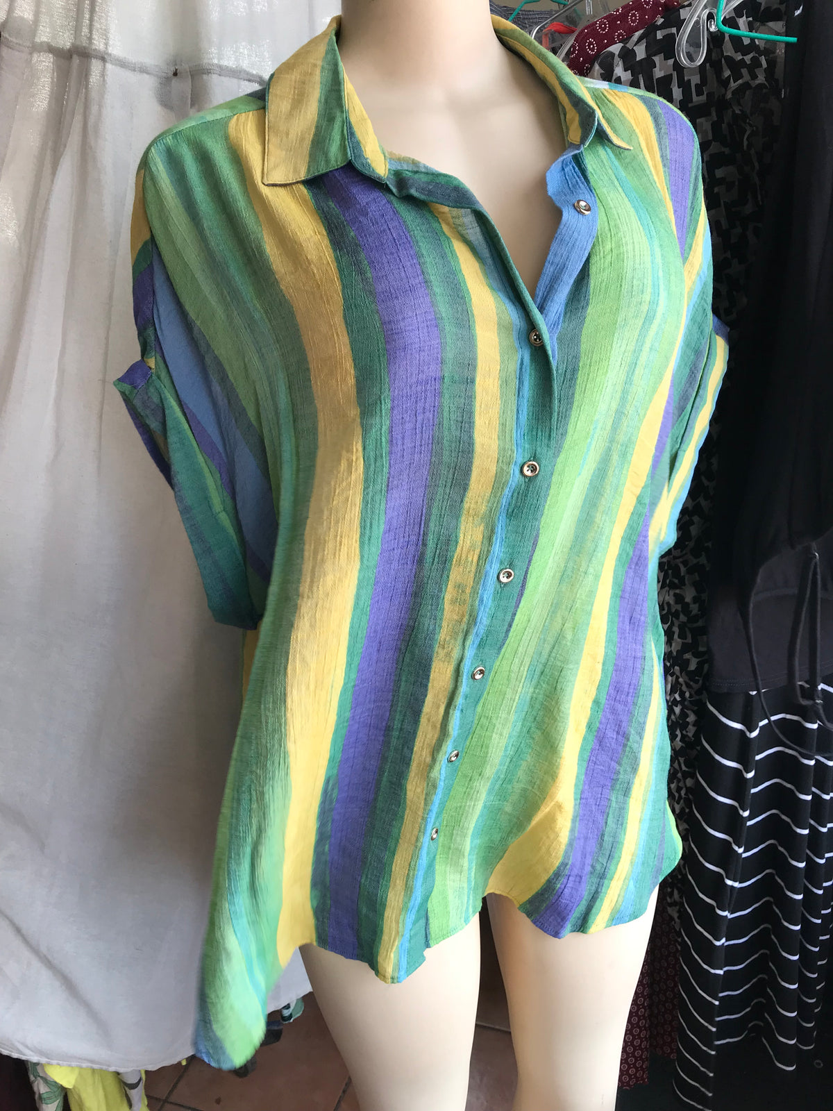 rayon stripe button blouse short sleeve retro