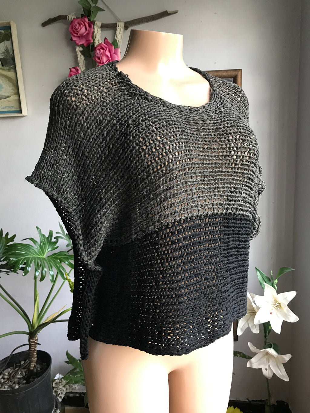 Black Gold Block Kimono Sleeve Durable Crochet Knit Top ... M To Large
