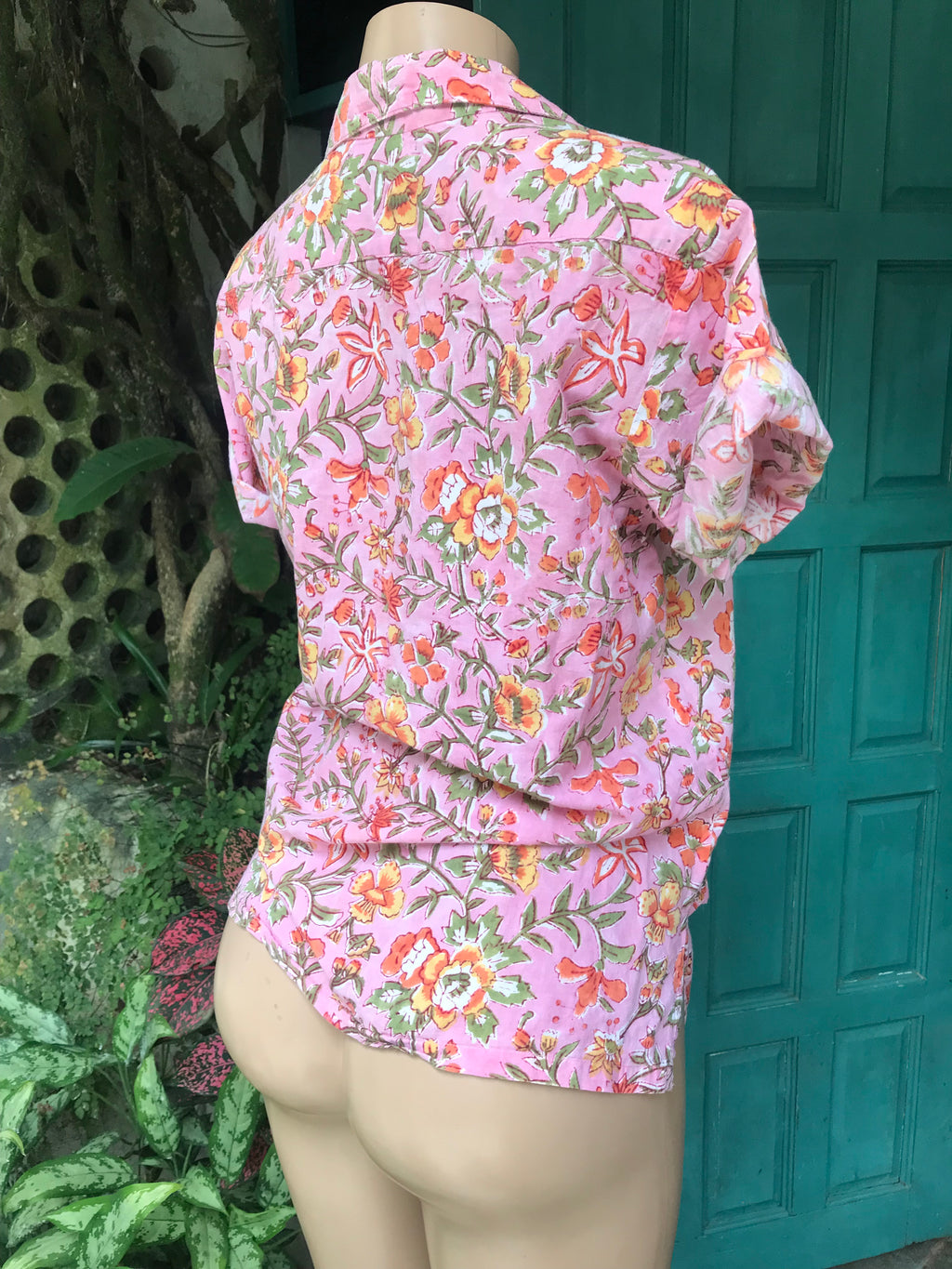 Vintage 100% Cotton pink organic floral button shirt... M-L ^^^