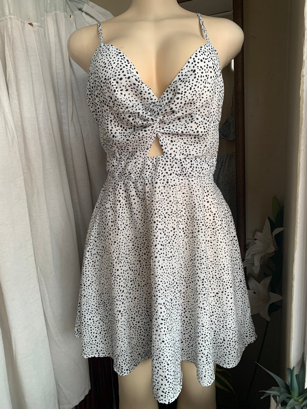 B&W Polka dot Babydoll Sun dress front knot  L
