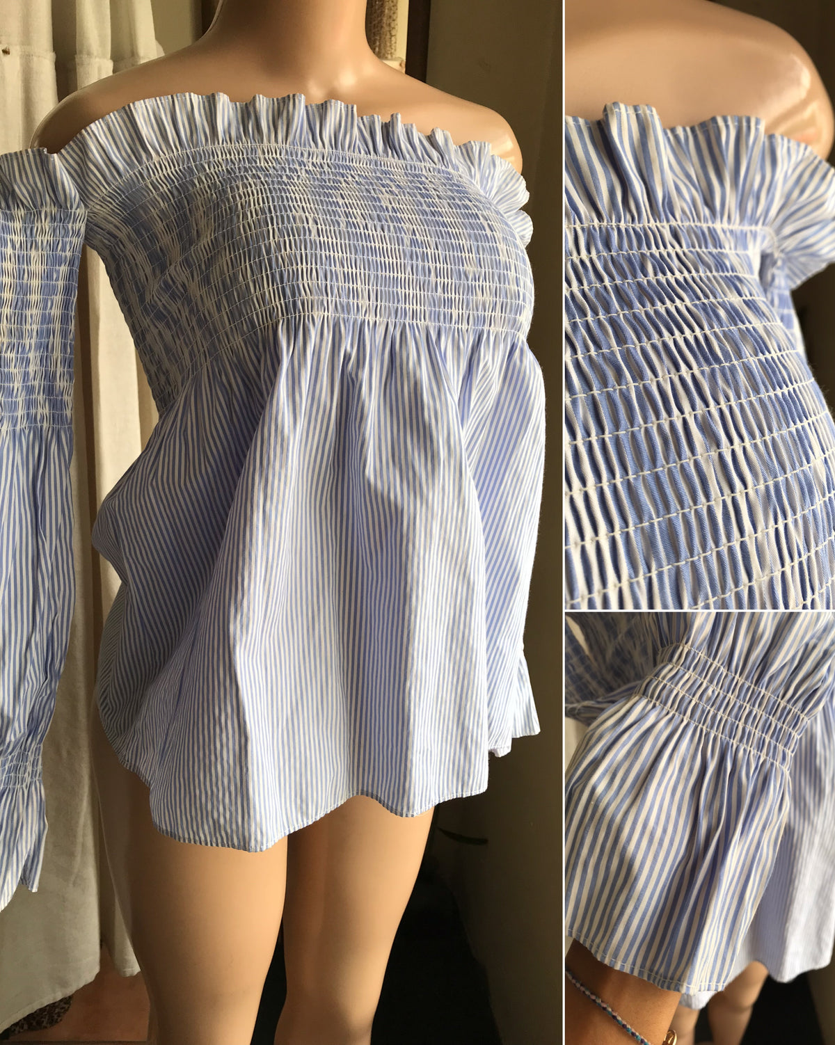 blue stripe detached shoulder bell sleeve shirred top ,,, cotton blend ... s to m