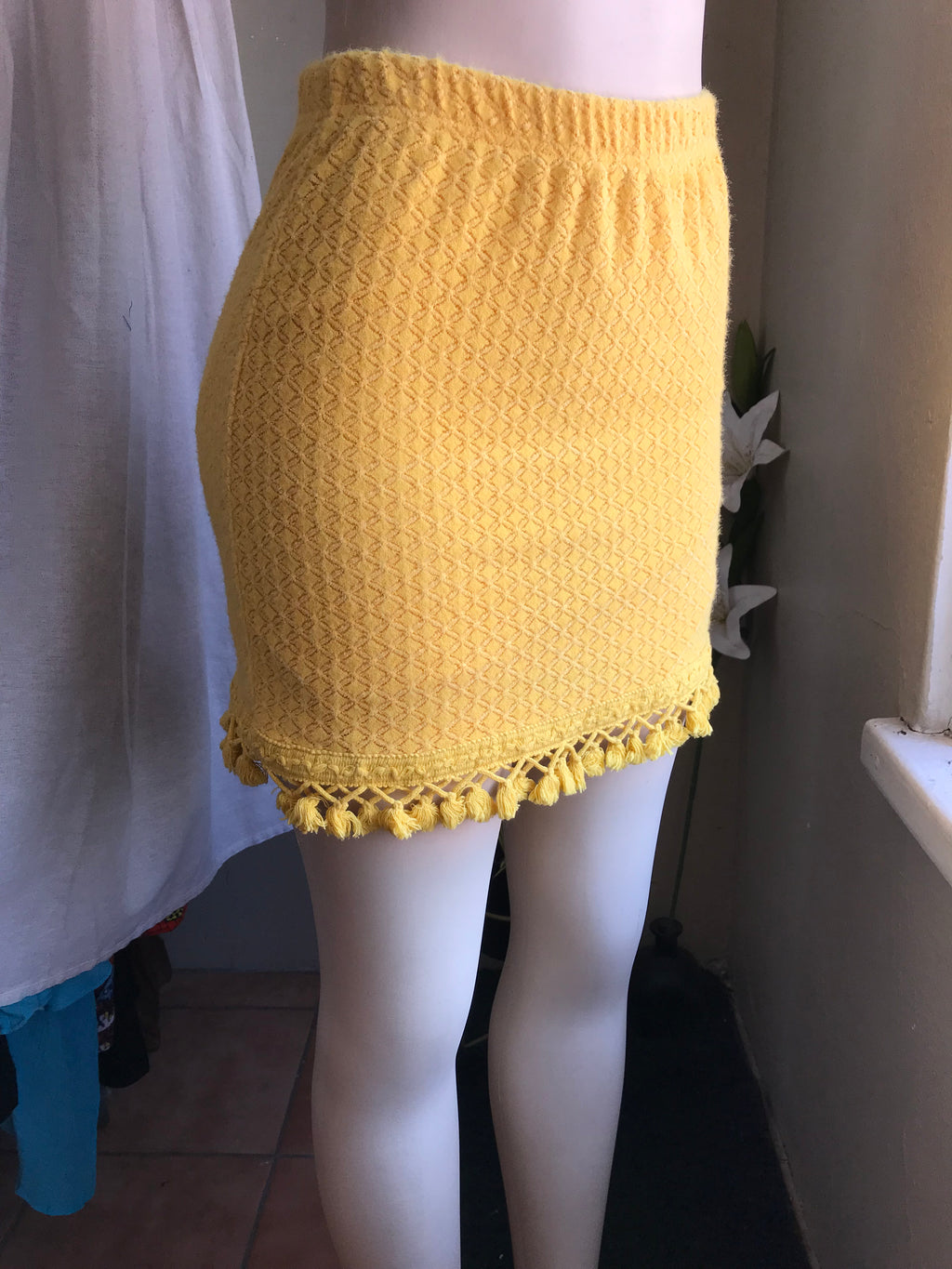 mustard yellow tassel knit skirt