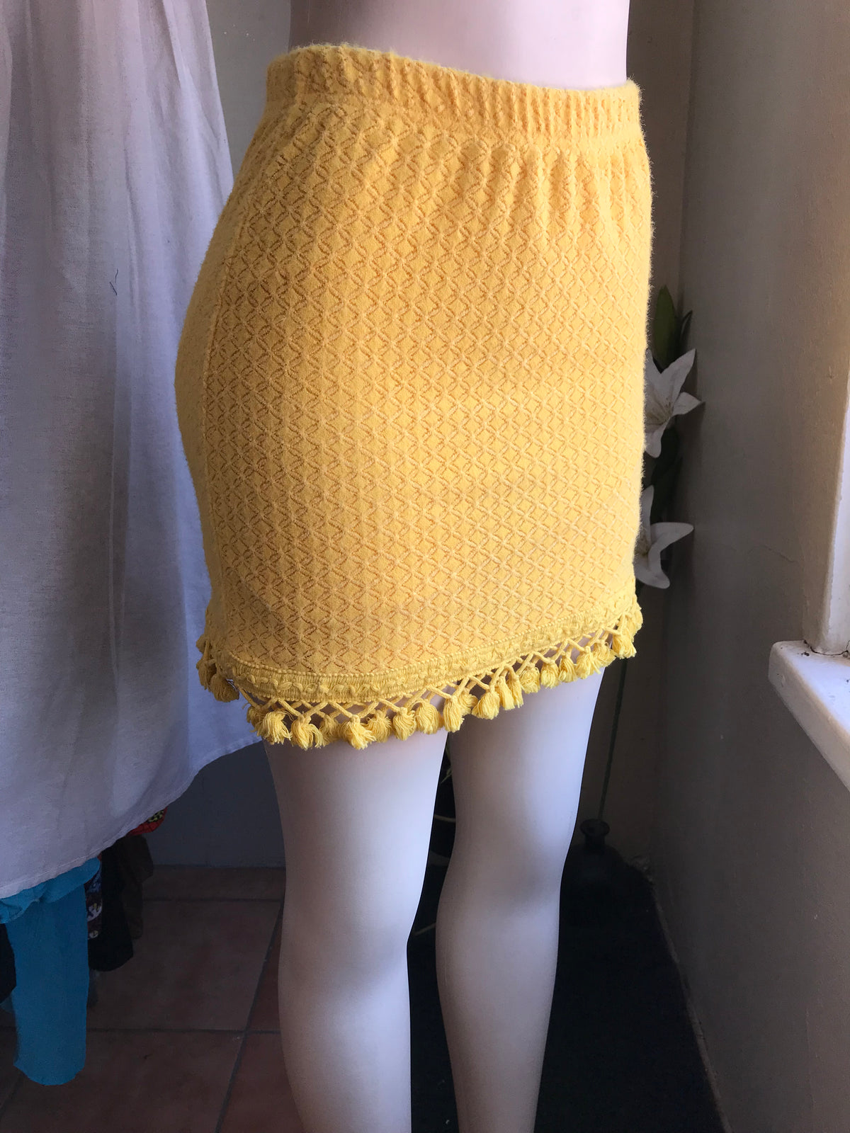 mustard yellow tassel knit skirt