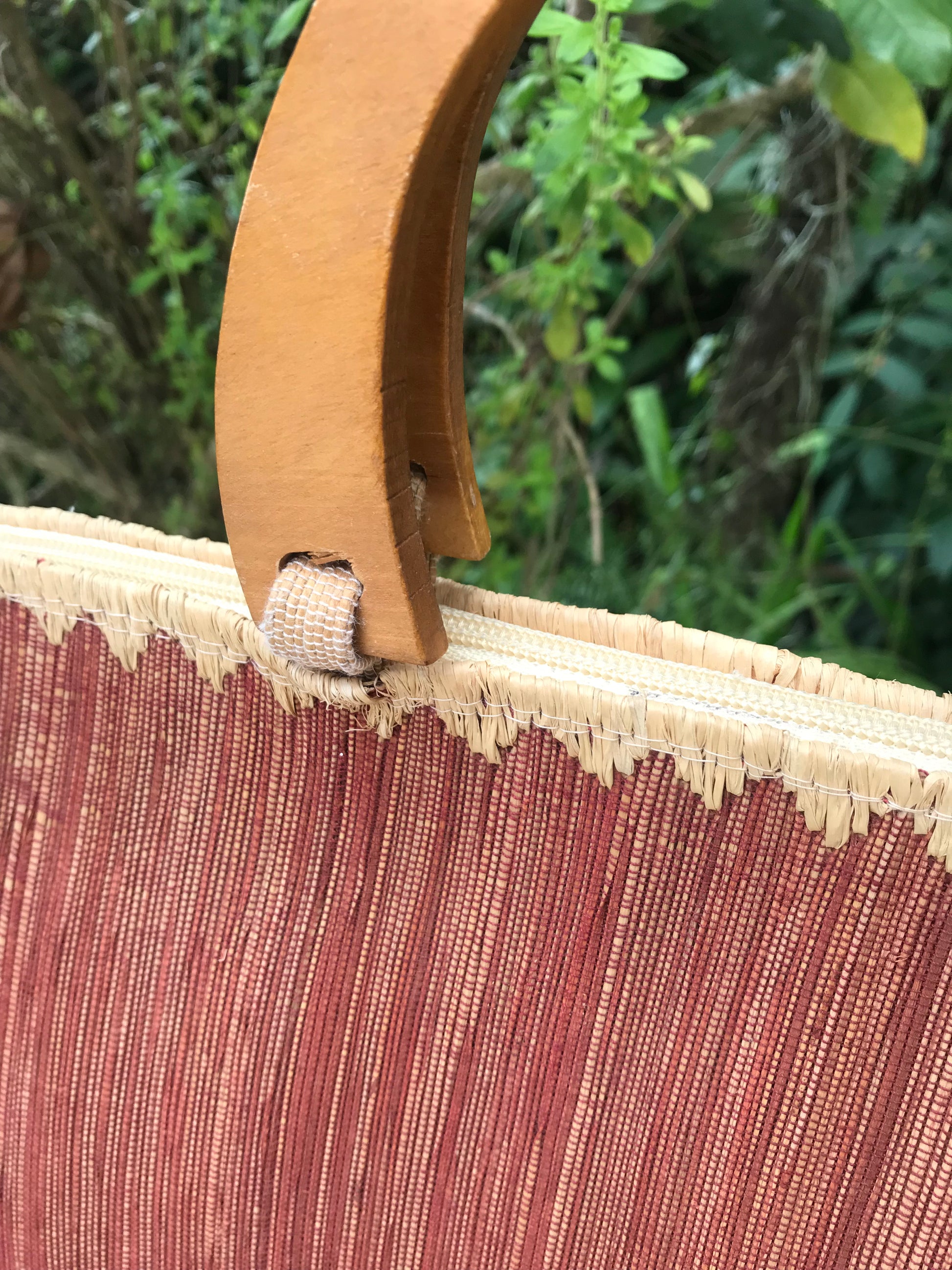 Cooyah woven island hand bag with wooden handles