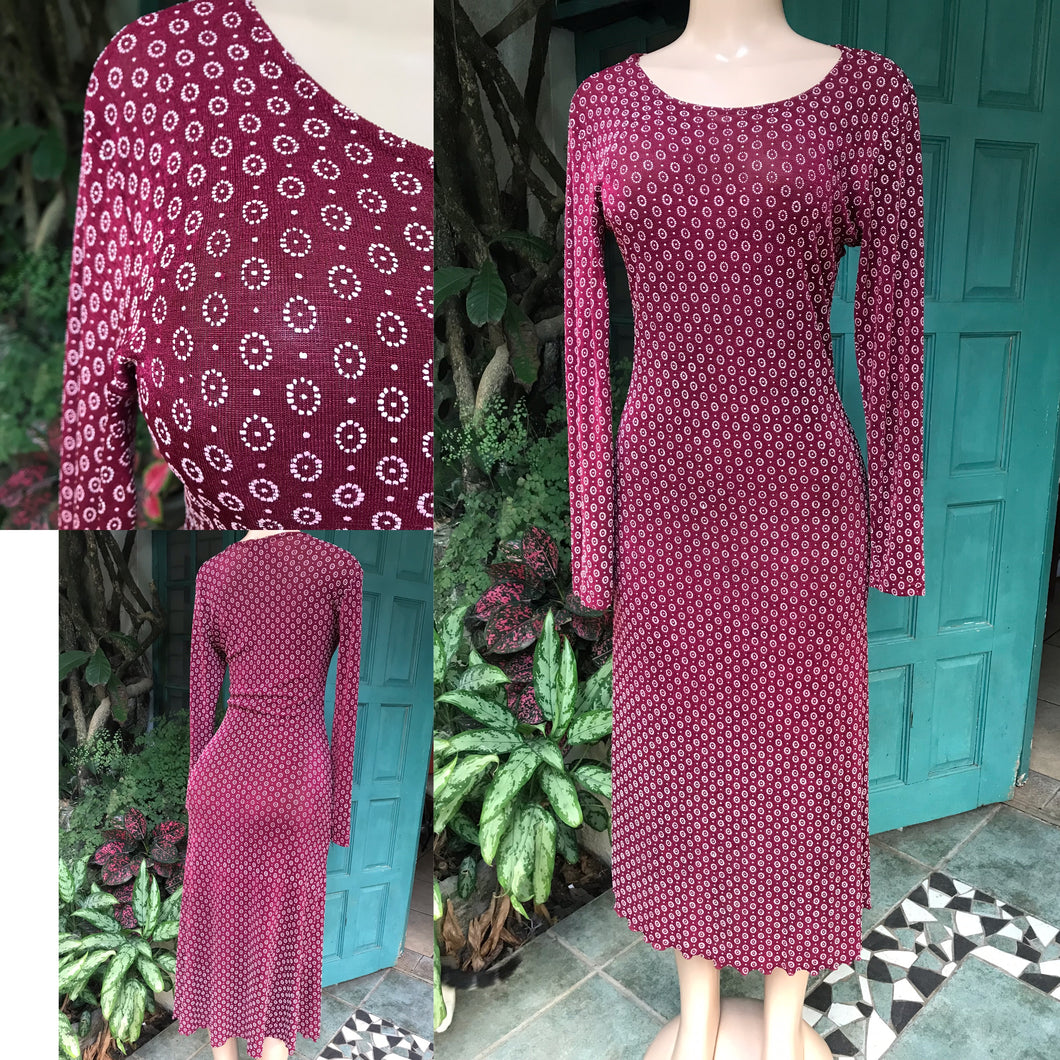 maroon red retro print midi dress long sleeve L-/xl