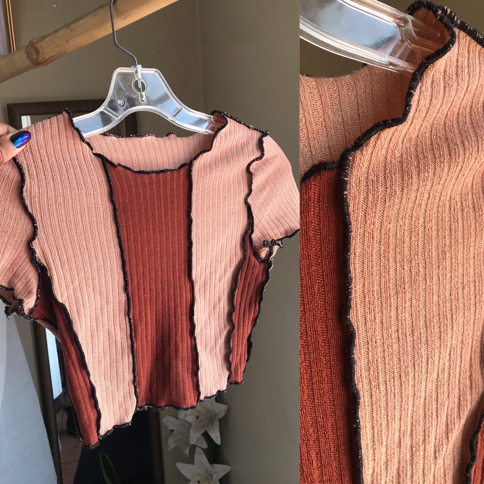 brown colour block ribbed crop top seams ... s