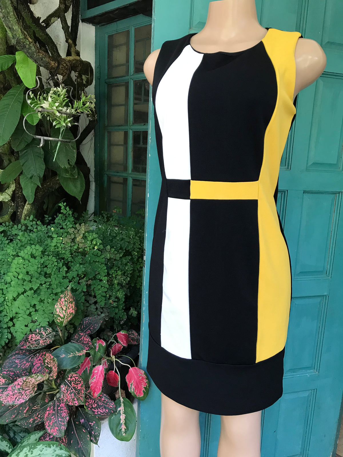 professional colour block dress yellow black white size 8/M