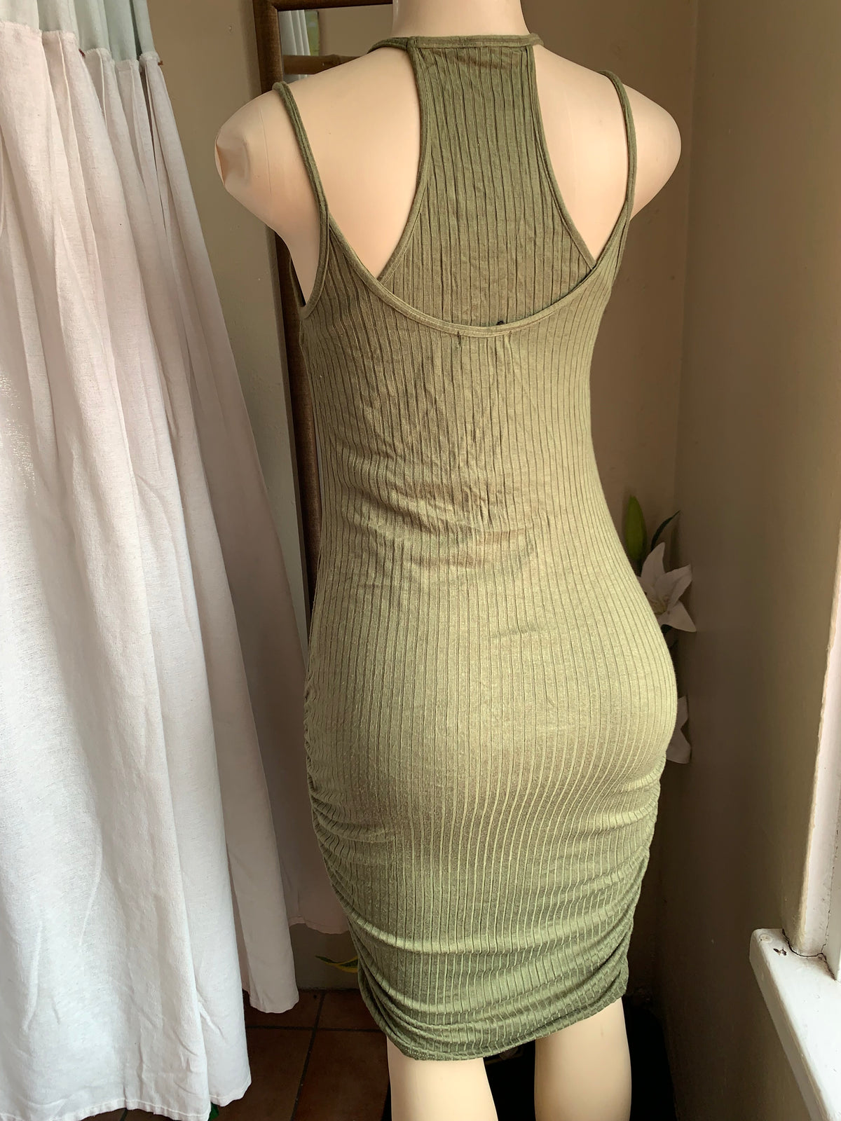 Ribbed Olive ribbed bodycon dress spaghetti L