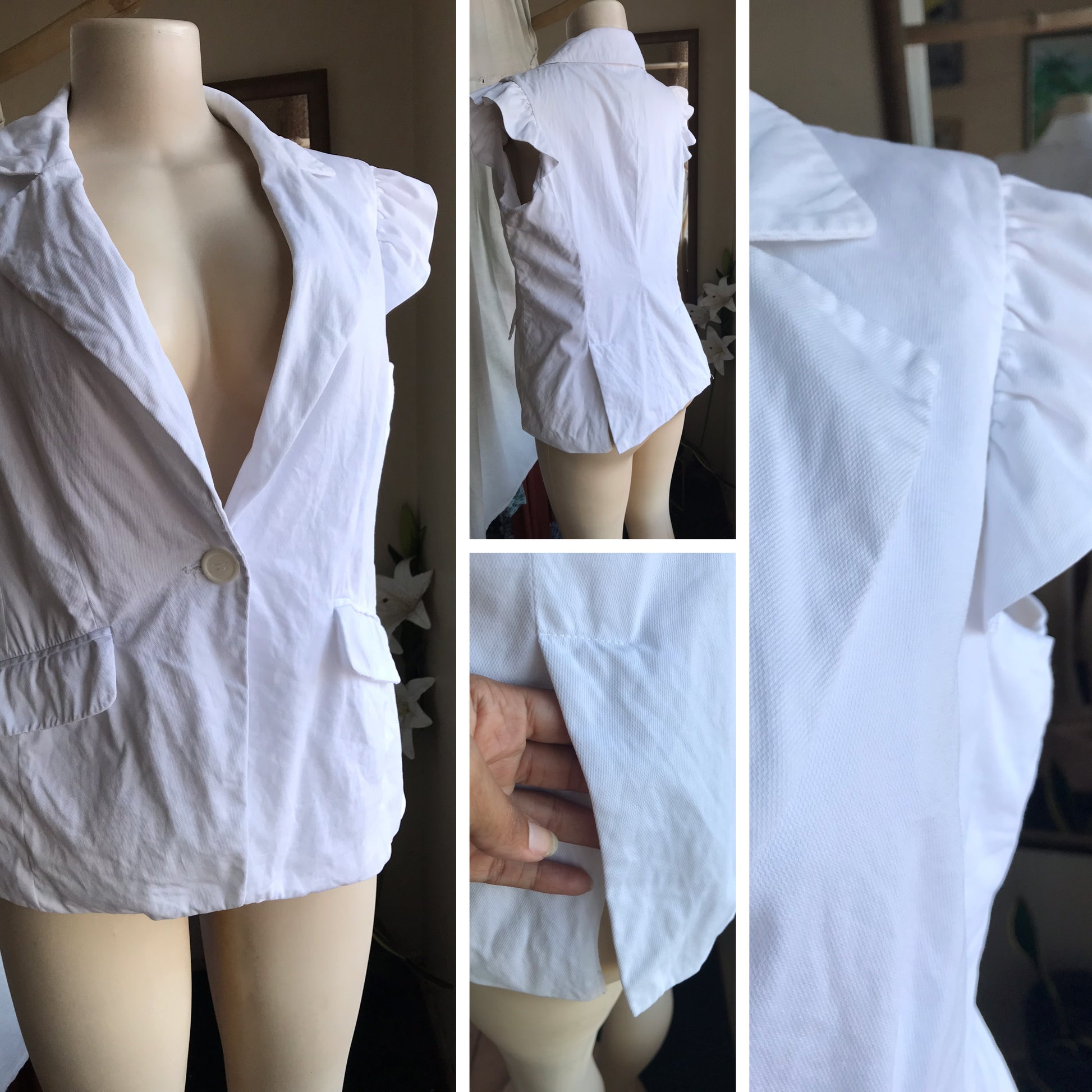 organic white ruffle sleeve jacket m
