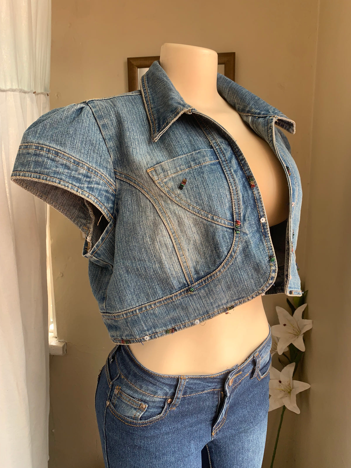 Denim short sleeve topper piece with beading details 2x >>>