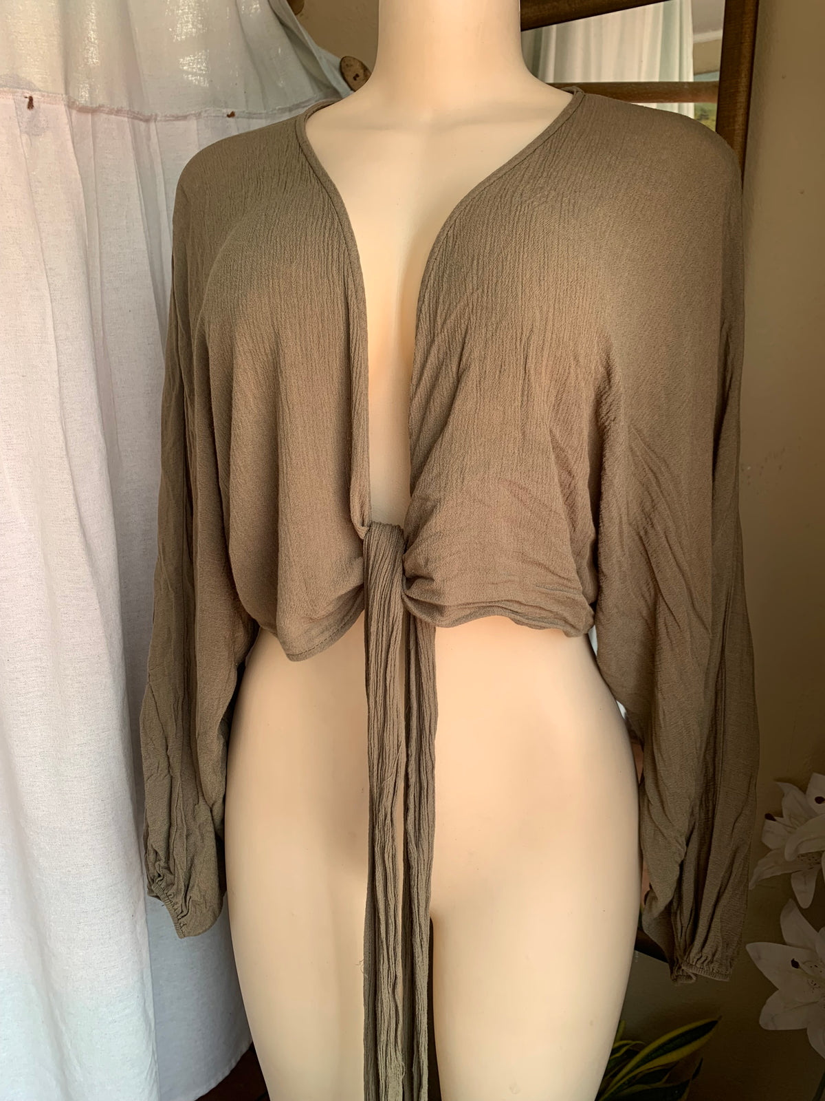Cotton light olive tie long sleeve top … up to L