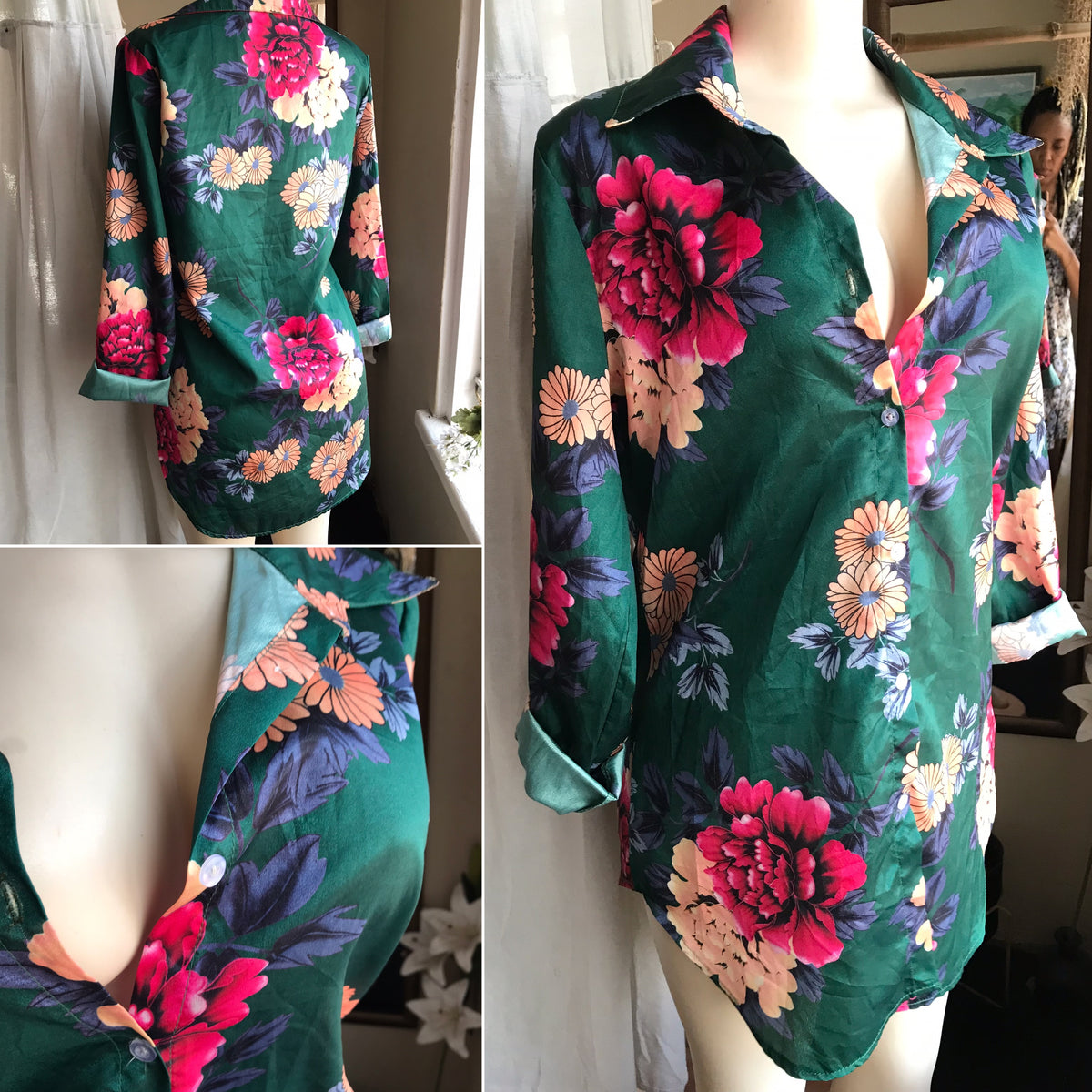 green silky long sleeve floral button shirt ... m