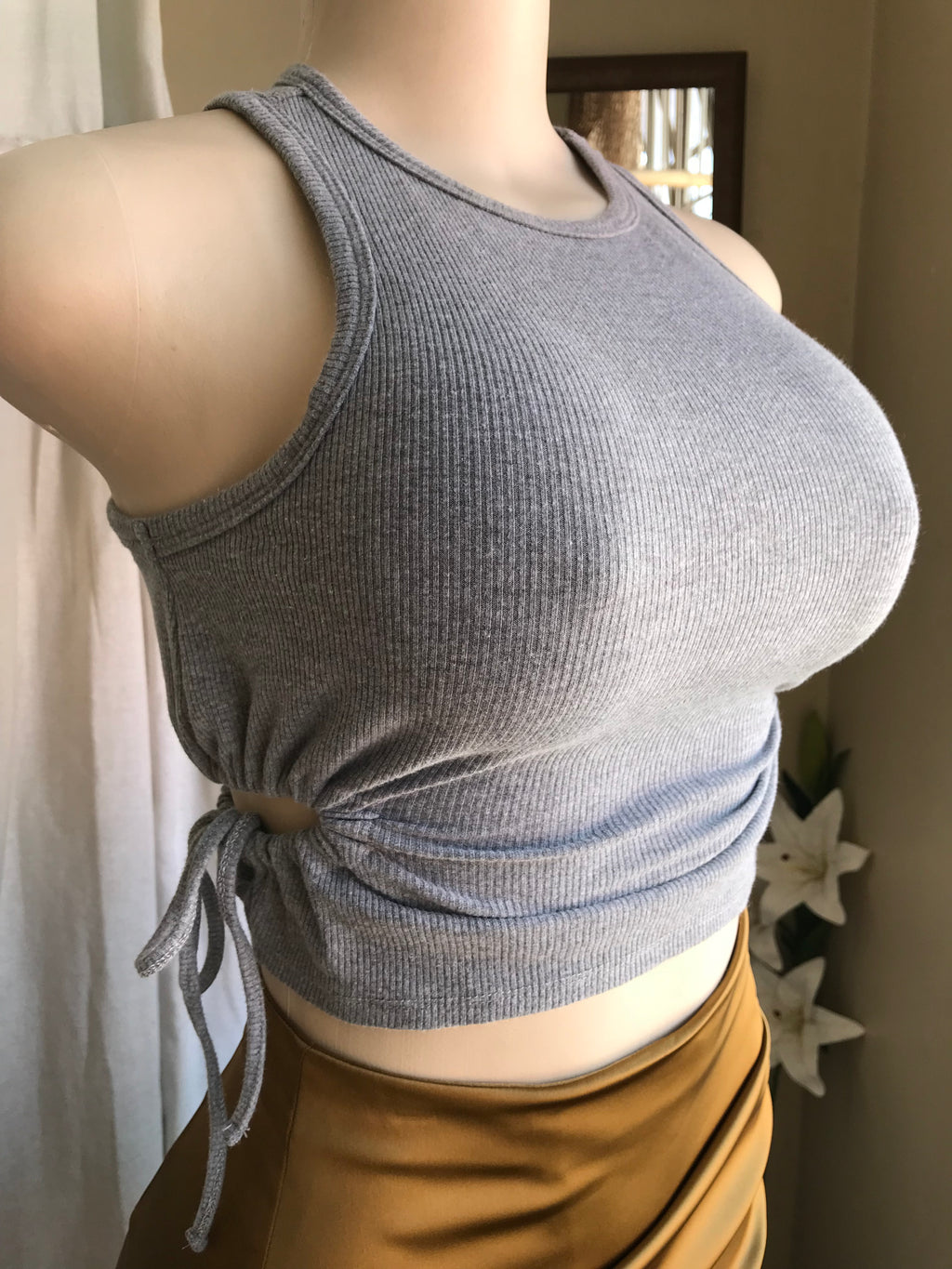 Grey ribbed crop top side cutouts ruche... S