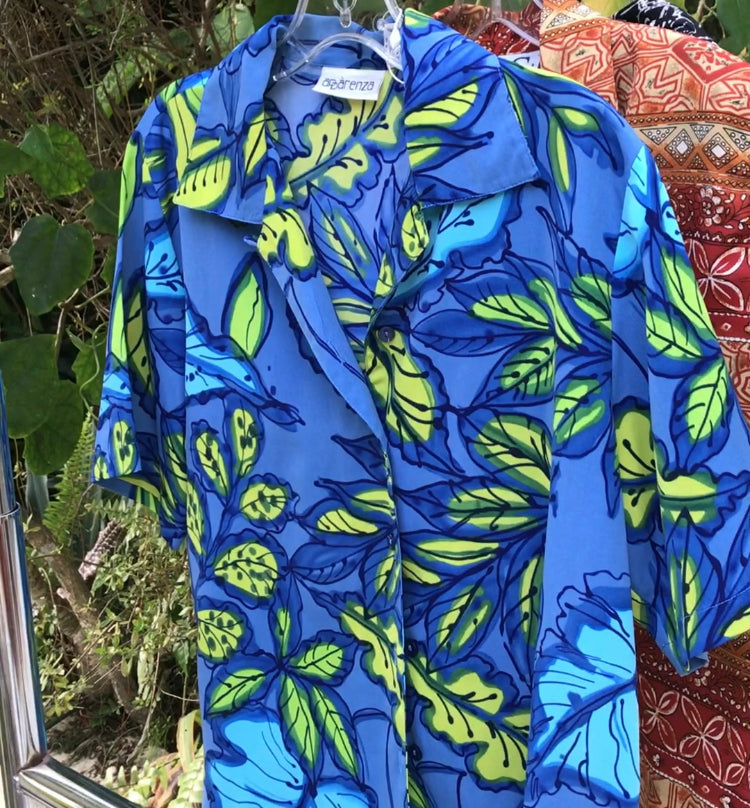Vintage blue green print button blouse ^^^ m/L