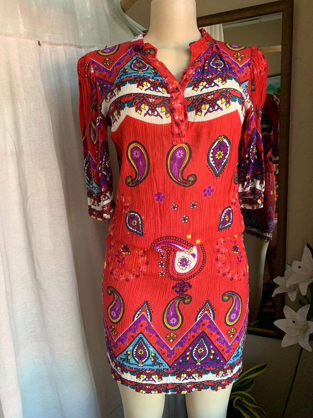 boho red crinkle Pattern shirt dress elastic waistband .M