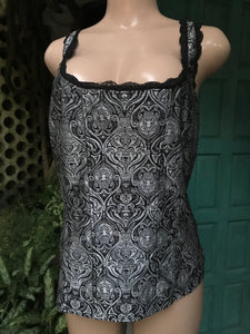 vintage black and silver ornate pattern sleeveless top... /XL