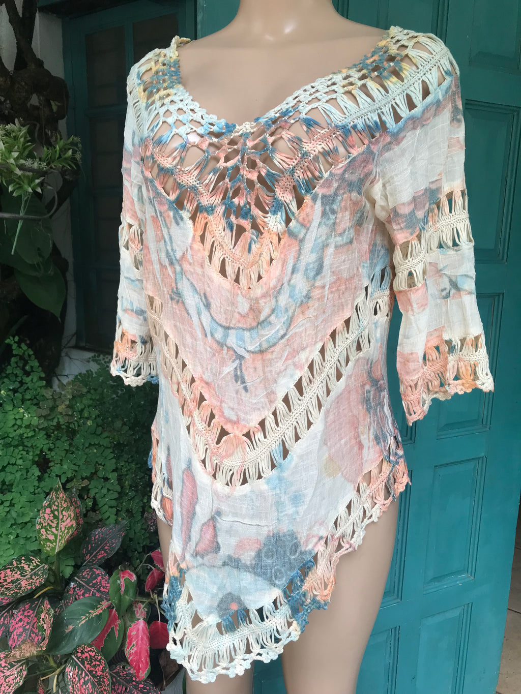 Cotton blend boho pastel crochet blouse mini dress... One size