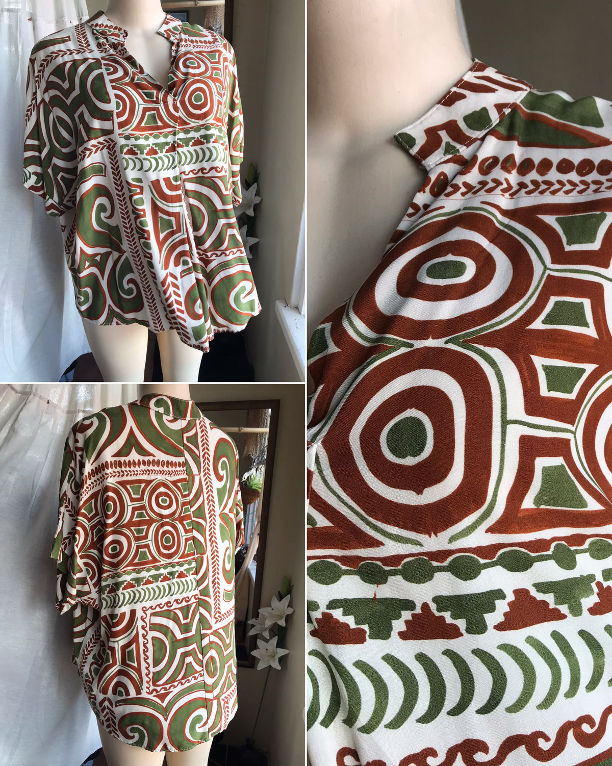 green earth tone print blouse L/XL