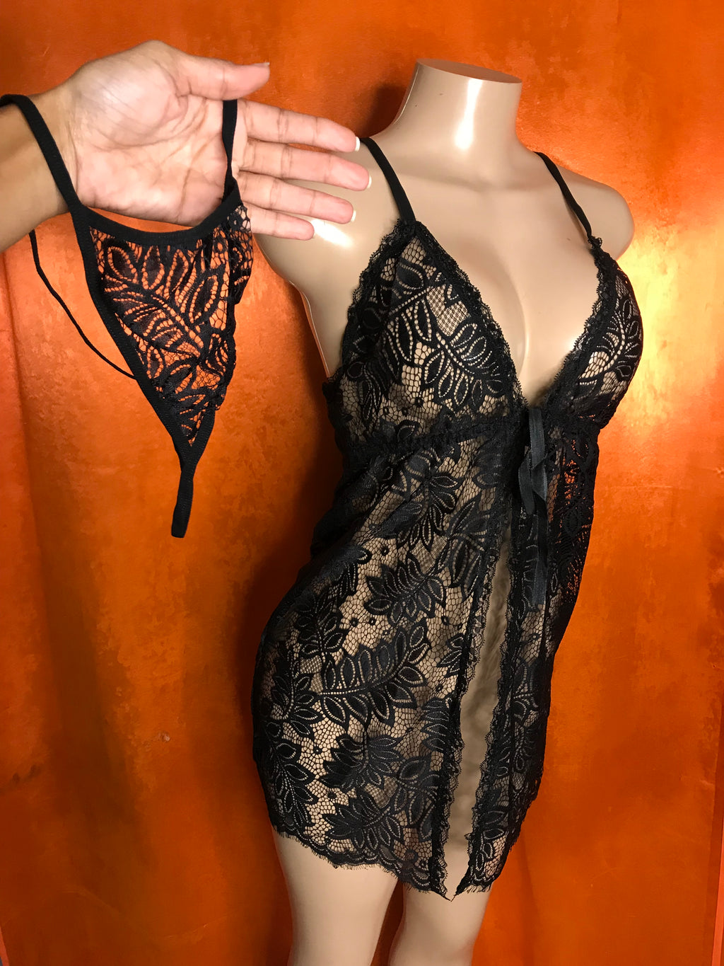 New black lace lingerie cover with thong . M