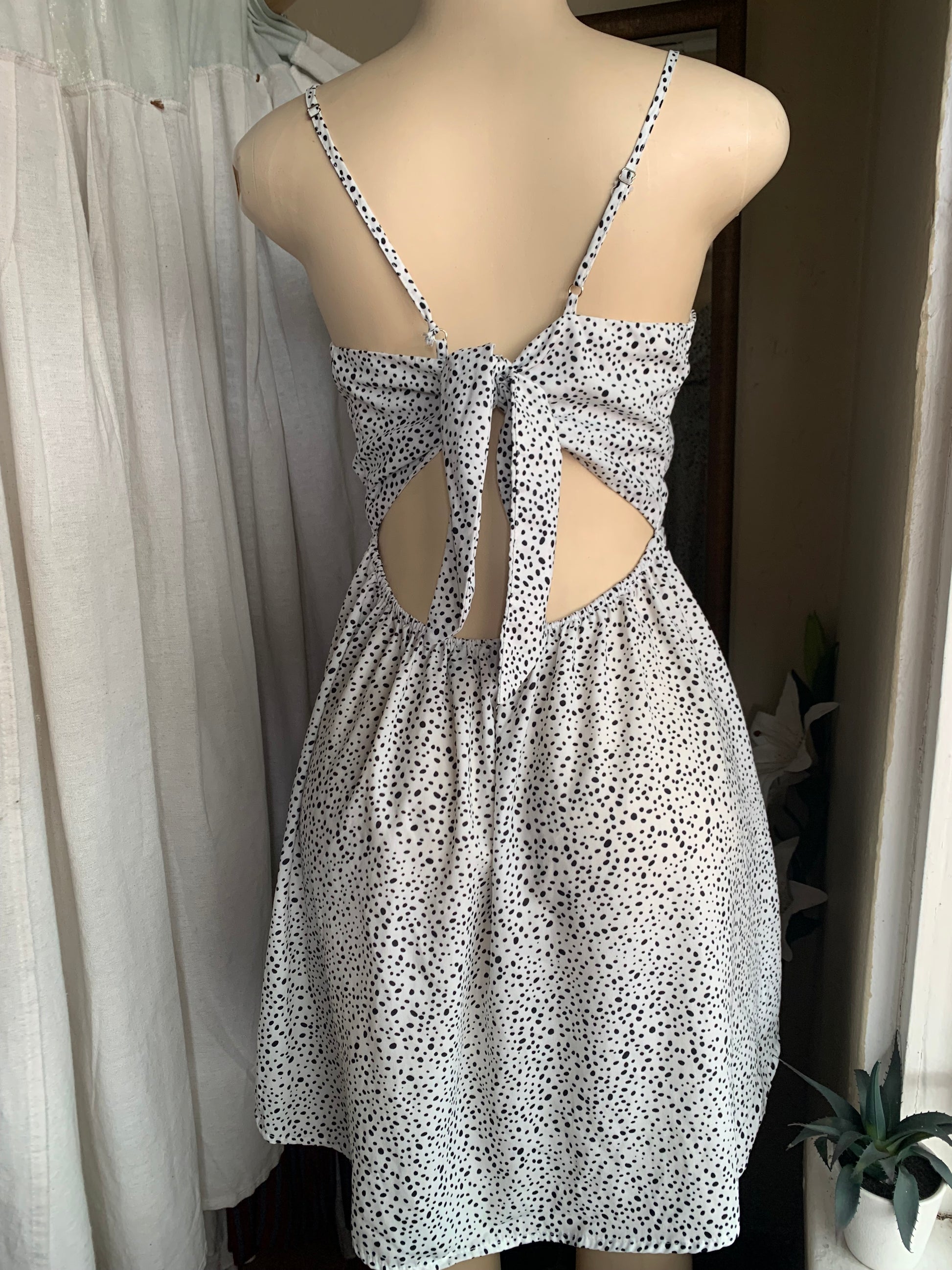 B&W Polka dot Babydoll Sun dress front knot  L