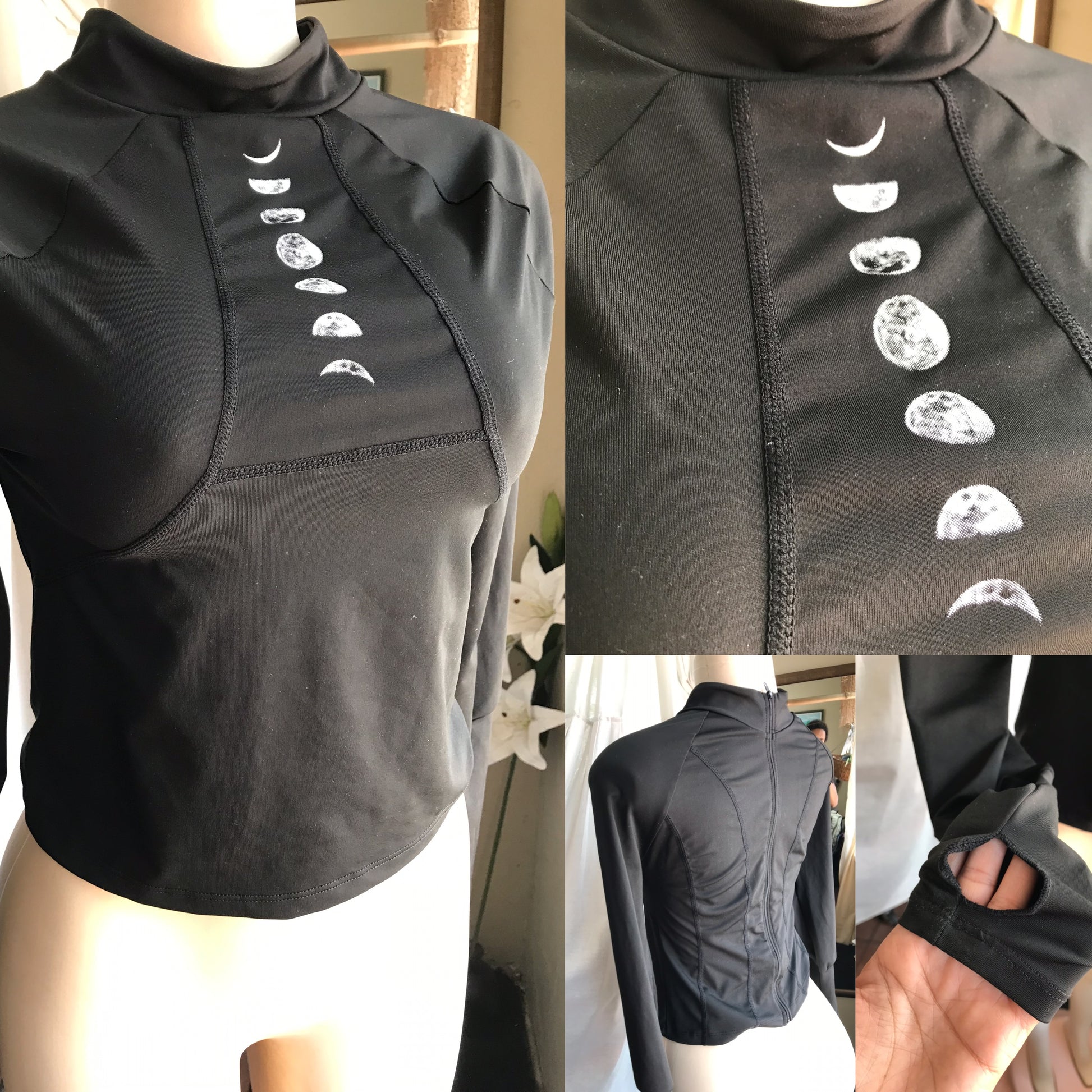 black long sleeve moon cycle exercise top zip back s