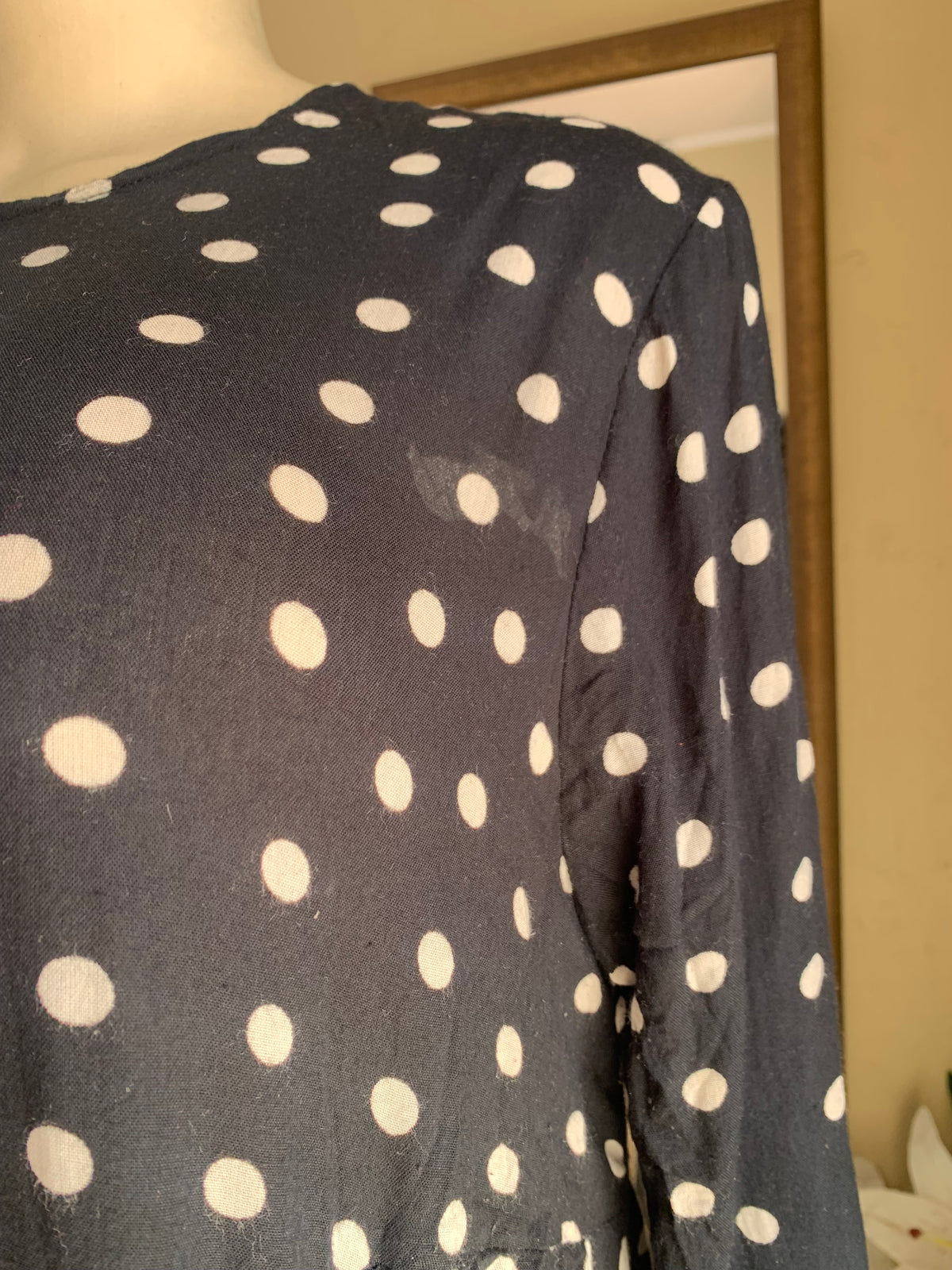 navy sheer polka long sleeve dress L