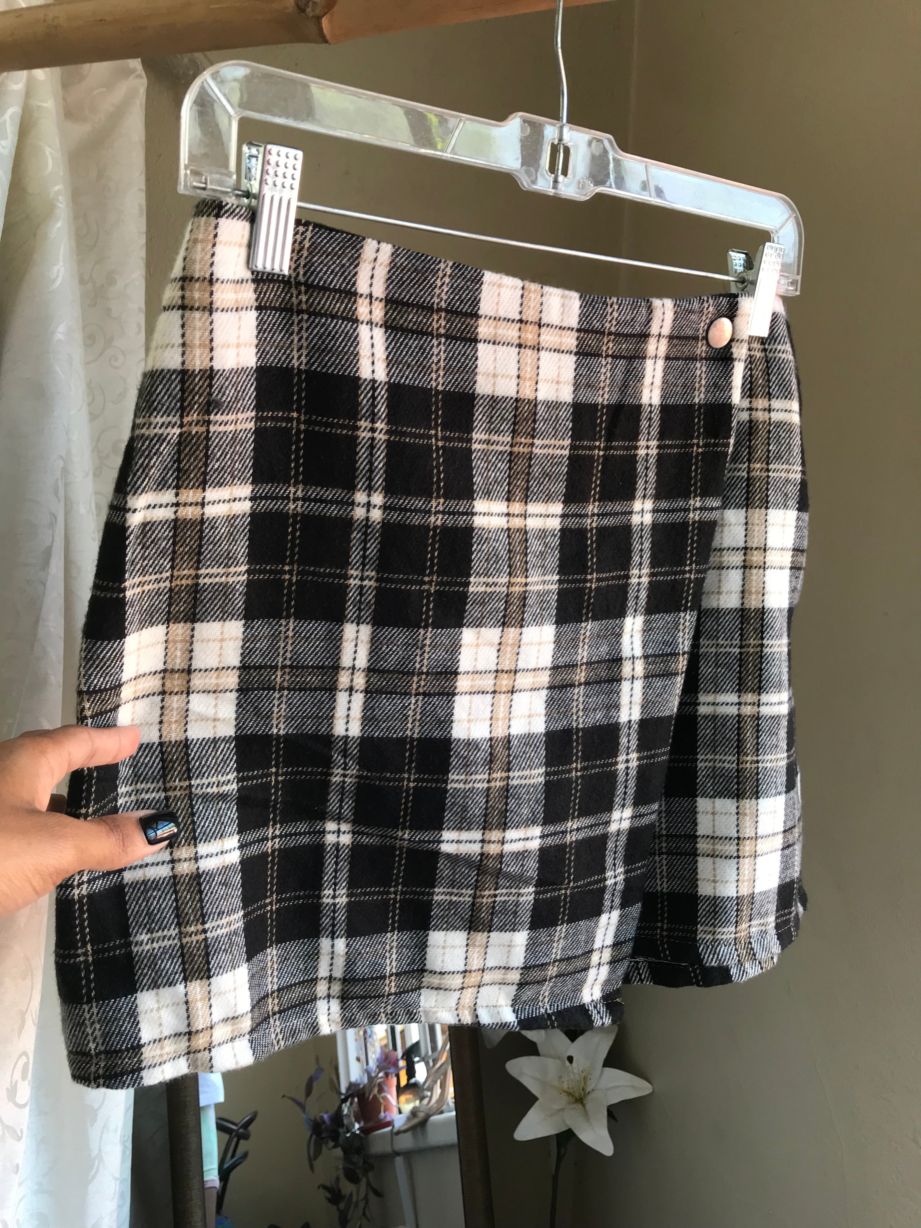 値下げ中❤️プルドゥ チェック柄　ダブルコート　ヴィンテージ　1990年代 Classic B&W 90s Retro style plaid wrap skirt. M – Thrift