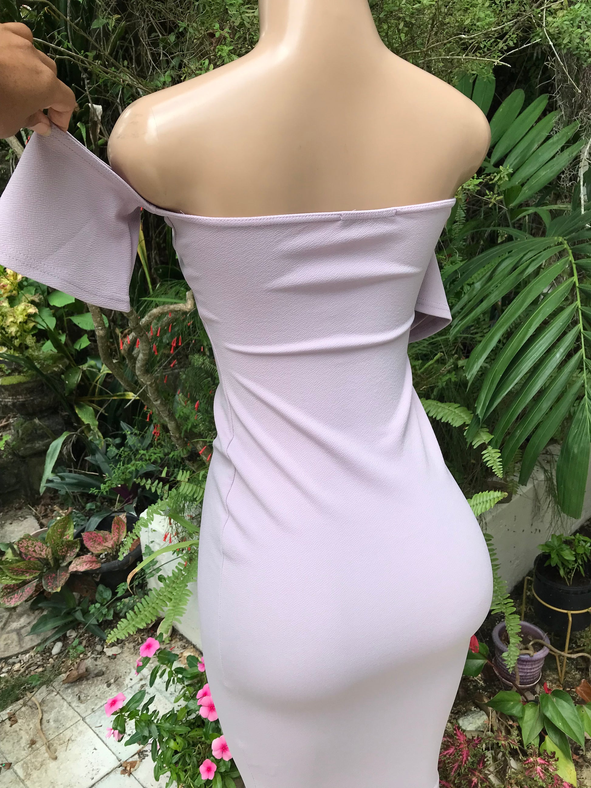 lavender detached shoulder fitted dress  . s to m