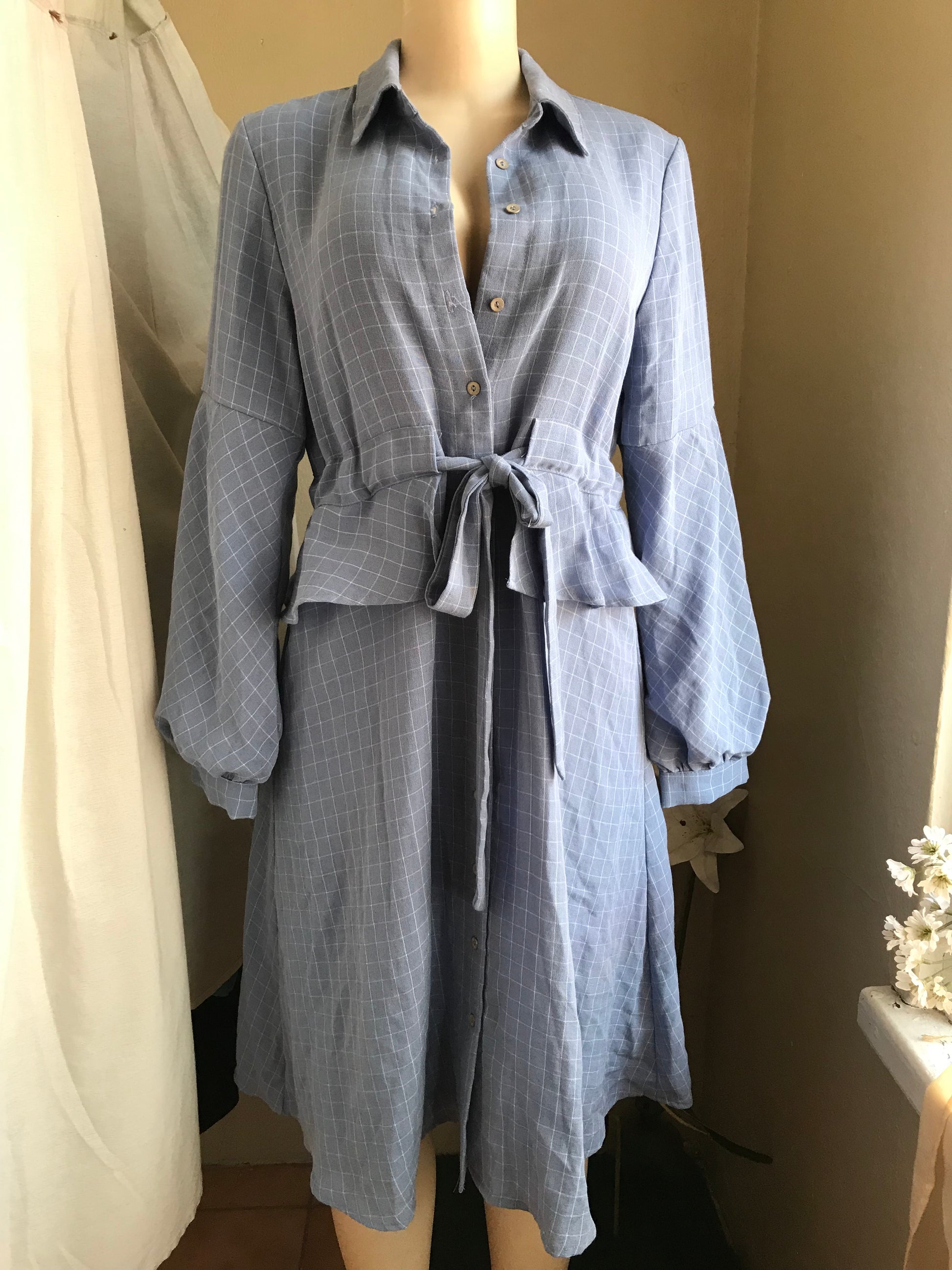 blue grid long sleeve shirt dress peplum m to L