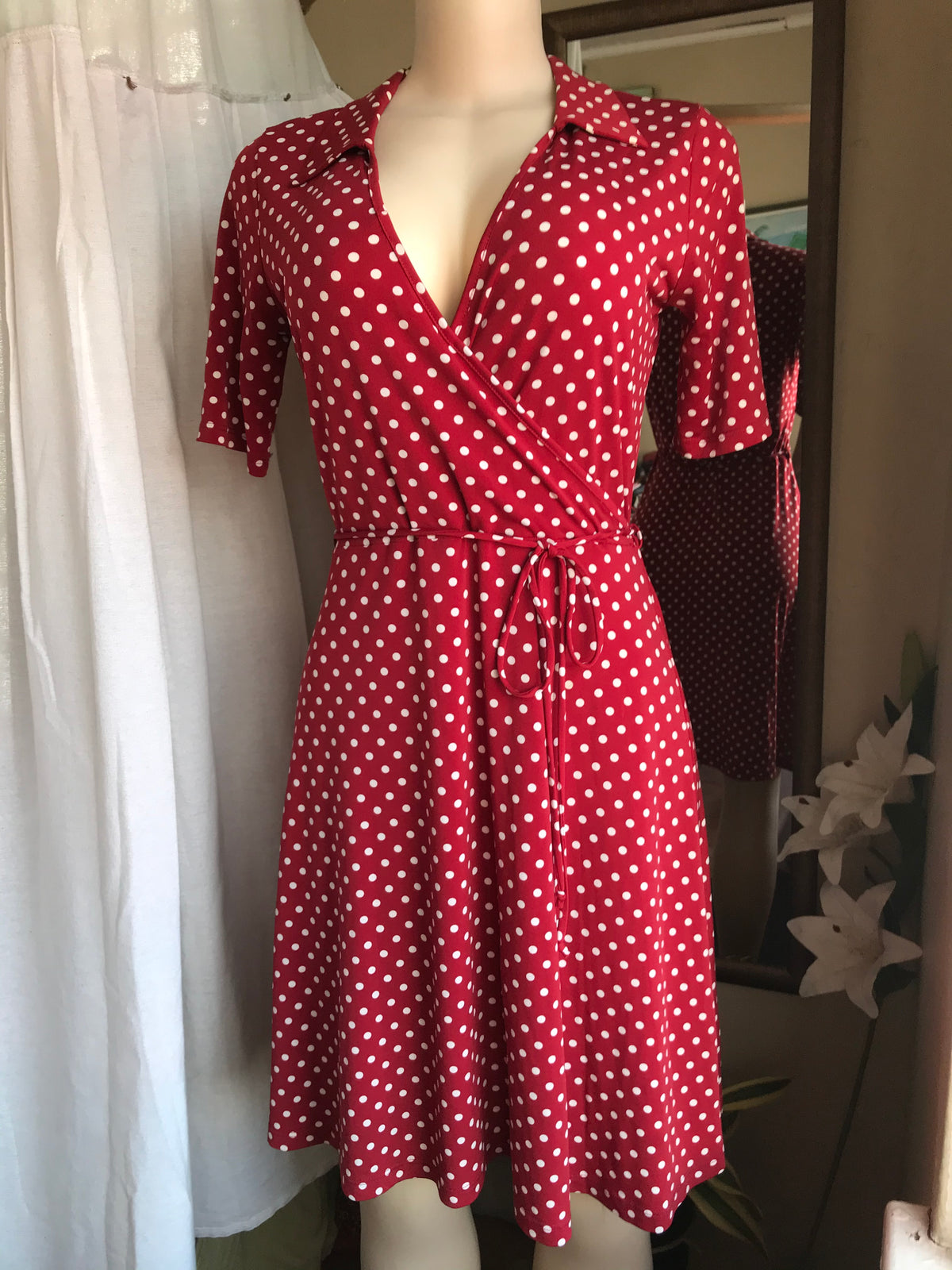 Retro style red polka dot wrap dress M