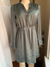 Load image into Gallery viewer, Olive metallic green shirt dress says Xs/
