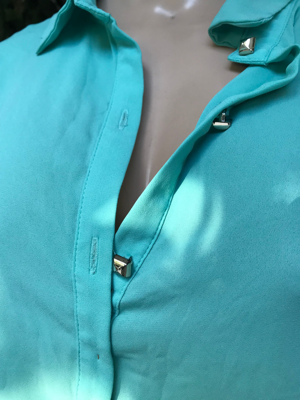 mint green button sheer work blouse ... m/L
