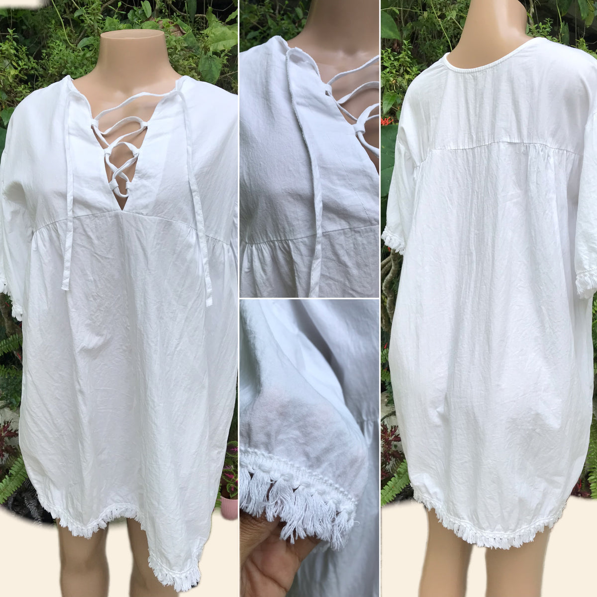 White tassel tunic lace up organic
