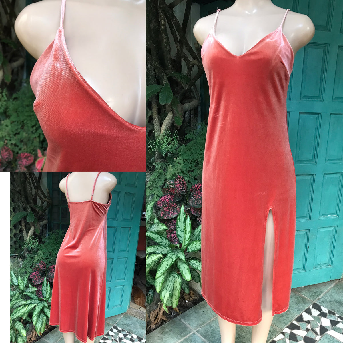 rust velveteen spaghetti midi dress slit M/L