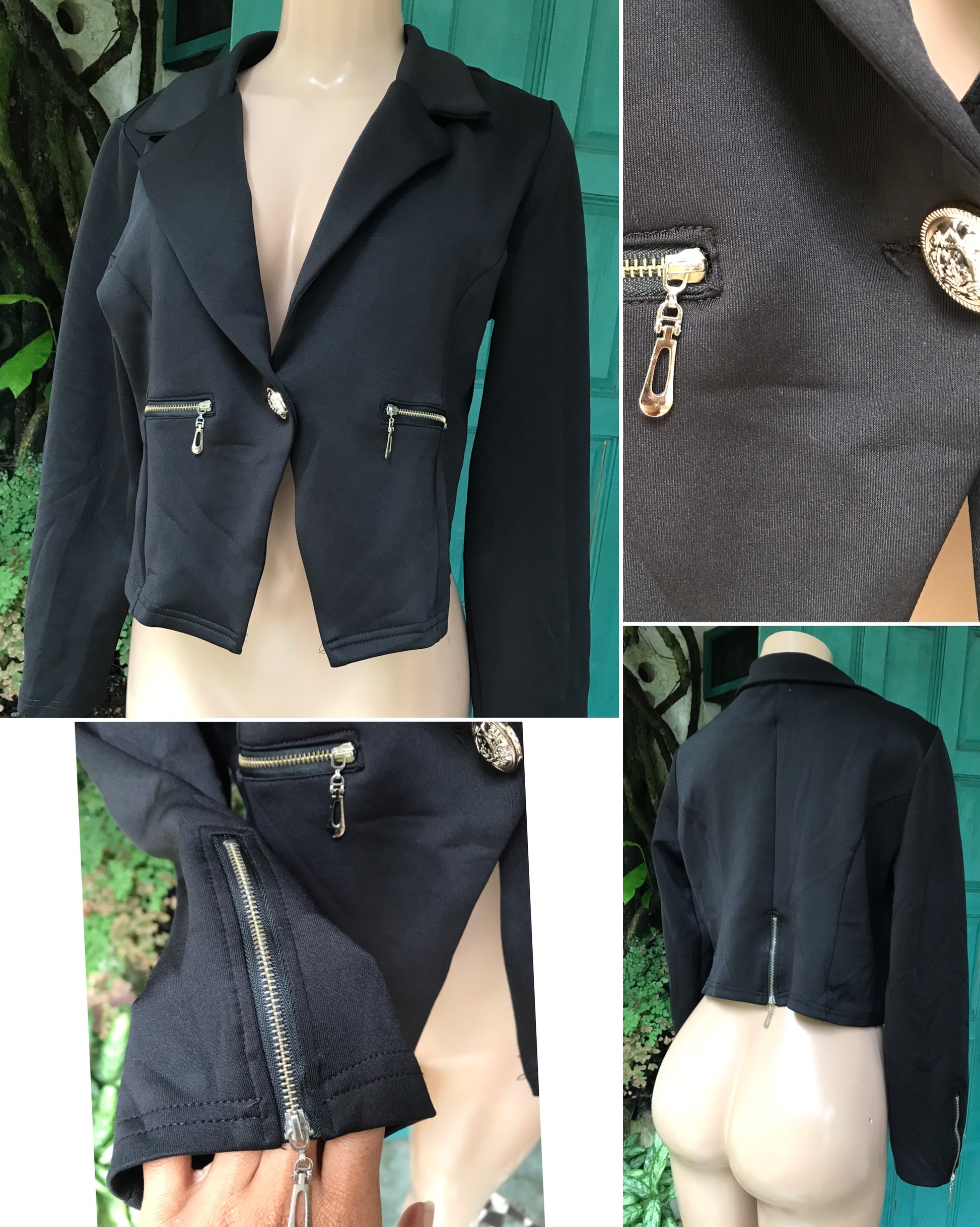 black blazer with zips & gold button stretch >>> m